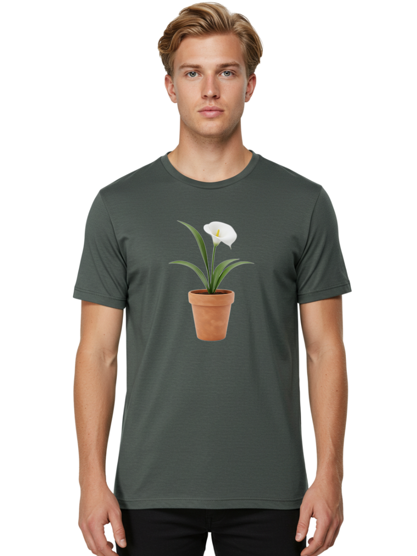 White-Calla-Lily Men'S Graphic Tee, 100% Cotton, Comfortable Casual Summer Wear, Machine Washable, Calla Lily, White Flower, Potted Plant, Terracotta Pot, Elegant Bloom, Floral Beauty, Simple Decor, Home Decor, Yellow Stamen, Green Leaves, Bab584