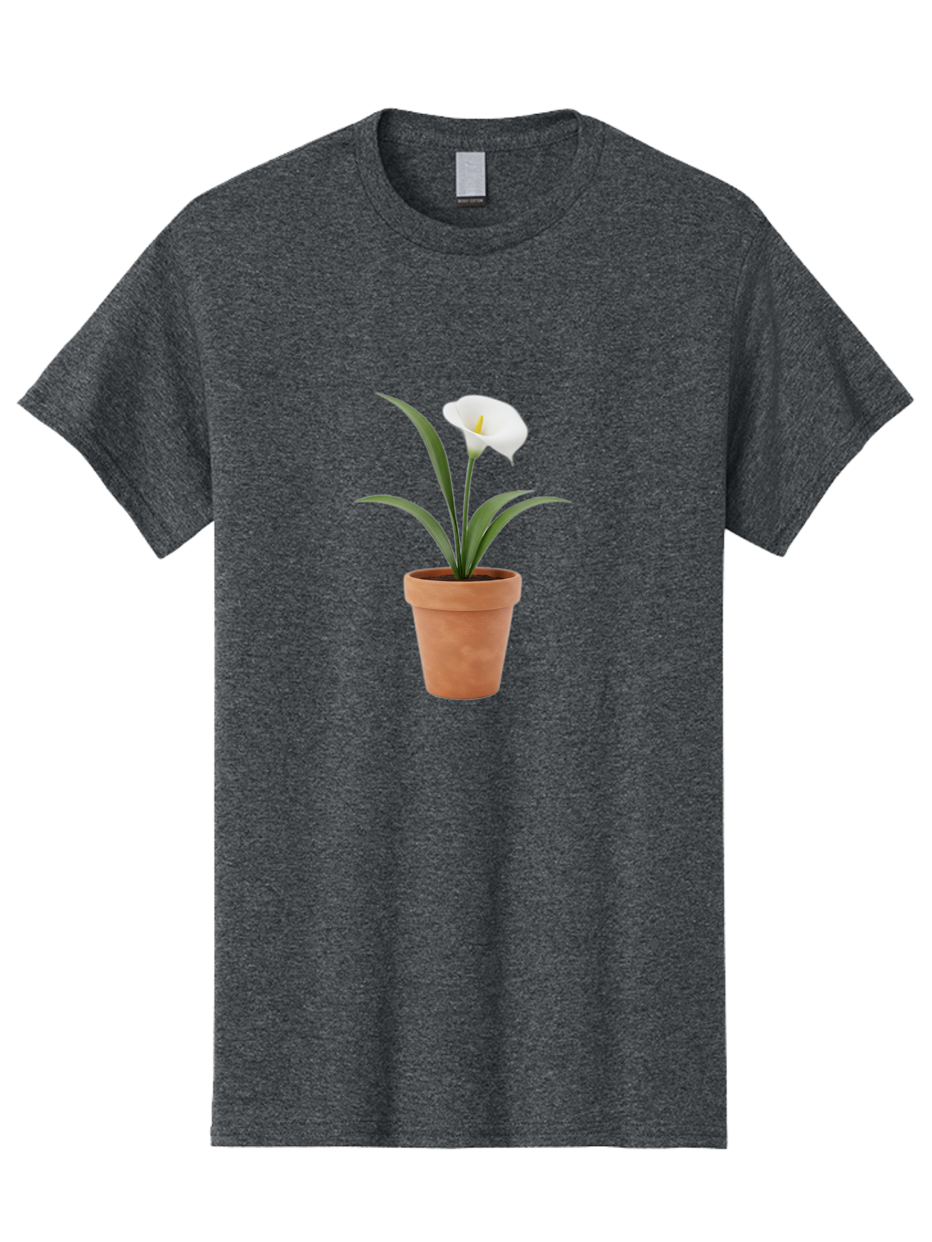 White-Calla-Lily Men'S Graphic Tee, 100% Cotton, Comfortable Casual Summer Wear, Machine Washable, Calla Lily, White Flower, Potted Plant, Terracotta Pot, Elegant Bloom, Floral Beauty, Simple Decor, Home Decor, Yellow Stamen, Green Leaves, Bab584