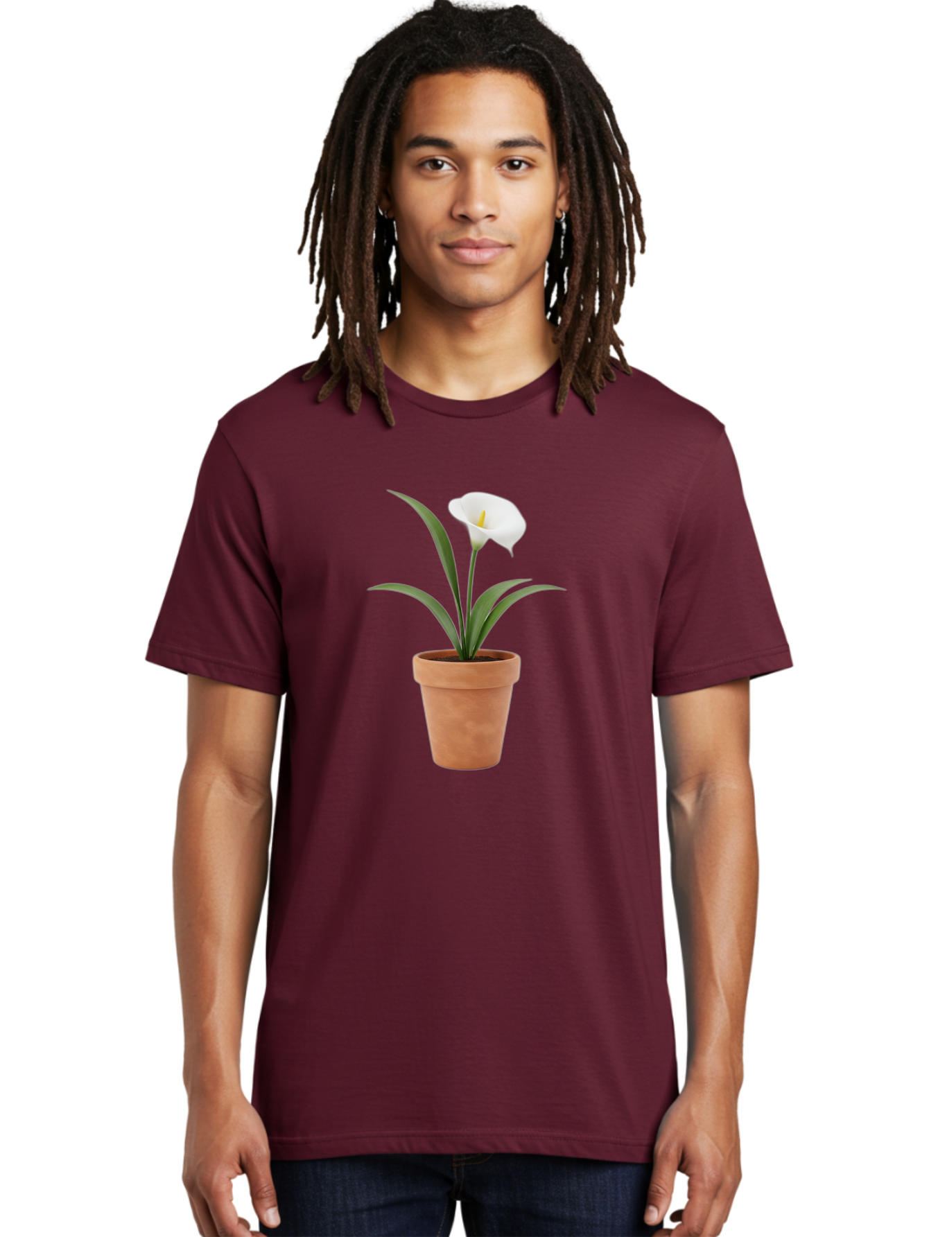 White-Calla-Lily Men'S Graphic Tee, 100% Cotton, Comfortable Casual Summer Wear, Machine Washable, Calla Lily, White Flower, Potted Plant, Terracotta Pot, Elegant Bloom, Floral Beauty, Simple Decor, Home Decor, Yellow Stamen, Green Leaves, Bab584