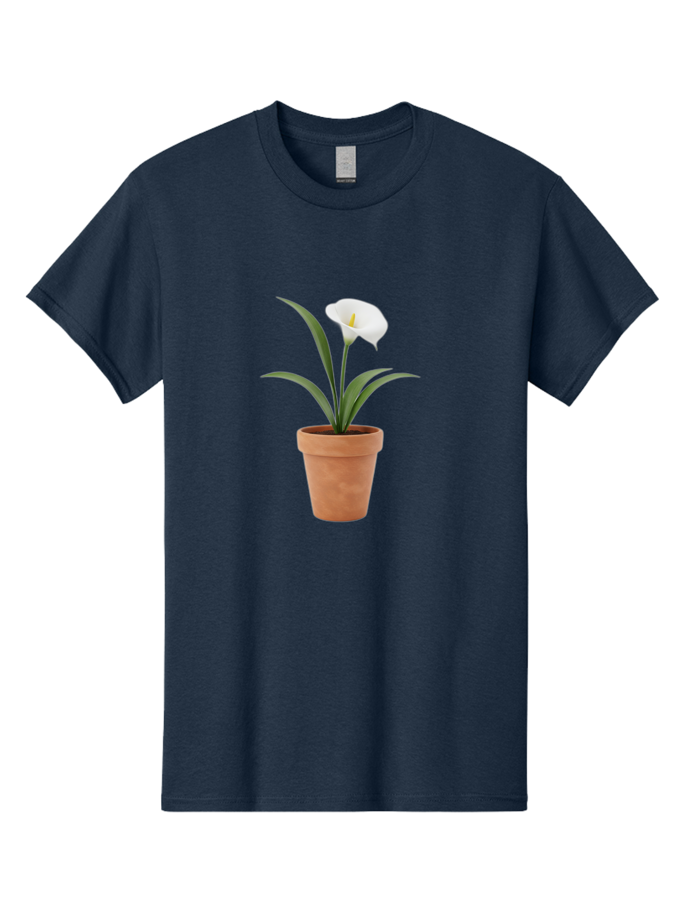 White-Calla-Lily Men'S Graphic Tee, 100% Cotton, Comfortable Casual Summer Wear, Machine Washable, Calla Lily, White Flower, Potted Plant, Terracotta Pot, Elegant Bloom, Floral Beauty, Simple Decor, Home Decor, Yellow Stamen, Green Leaves, Bab584