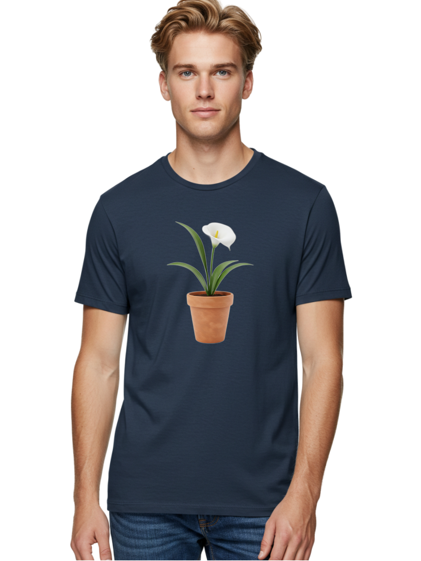 White-Calla-Lily Men'S Graphic Tee, 100% Cotton, Comfortable Casual Summer Wear, Machine Washable, Calla Lily, White Flower, Potted Plant, Terracotta Pot, Elegant Bloom, Floral Beauty, Simple Decor, Home Decor, Yellow Stamen, Green Leaves, Bab584