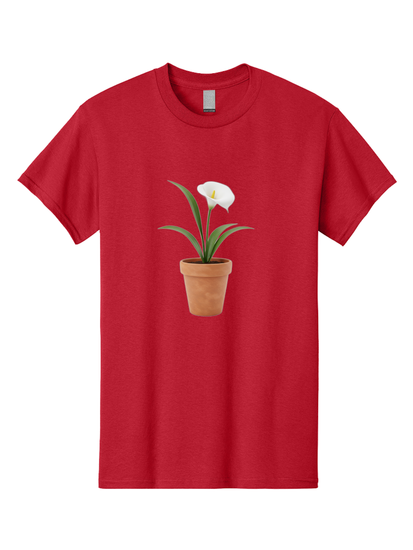 White-Calla-Lily Men'S Graphic Tee, 100% Cotton, Comfortable Casual Summer Wear, Machine Washable, Calla Lily, White Flower, Potted Plant, Terracotta Pot, Elegant Bloom, Floral Beauty, Simple Decor, Home Decor, Yellow Stamen, Green Leaves, Bab584