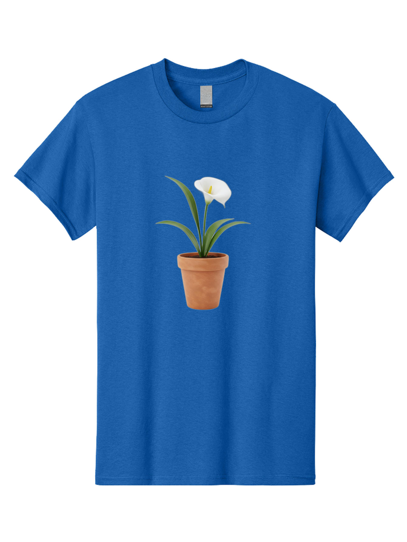 White-Calla-Lily Men'S Graphic Tee, 100% Cotton, Comfortable Casual Summer Wear, Machine Washable, Calla Lily, White Flower, Potted Plant, Terracotta Pot, Elegant Bloom, Floral Beauty, Simple Decor, Home Decor, Yellow Stamen, Green Leaves, Bab584