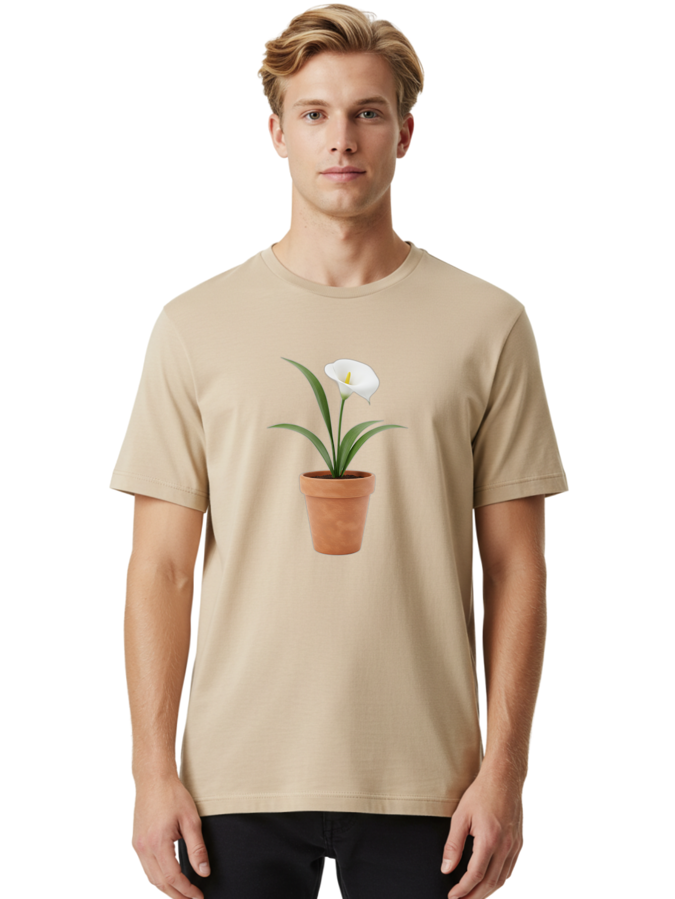 White-Calla-Lily Men'S Graphic Tee, 100% Cotton, Comfortable Casual Summer Wear, Machine Washable, Calla Lily, White Flower, Potted Plant, Terracotta Pot, Elegant Bloom, Floral Beauty, Simple Decor, Home Decor, Yellow Stamen, Green Leaves, Bab584