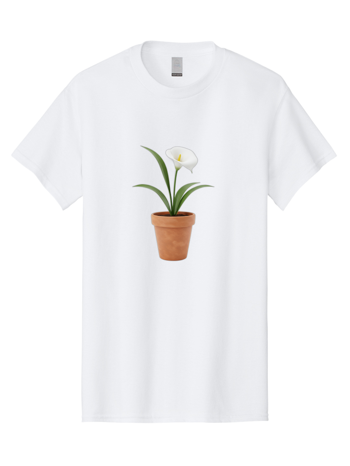 White-Calla-Lily Men'S Graphic Tee, 100% Cotton, Comfortable Casual Summer Wear, Machine Washable, Calla Lily, White Flower, Potted Plant, Terracotta Pot, Elegant Bloom, Floral Beauty, Simple Decor, Home Decor, Yellow Stamen, Green Leaves, Bab584
