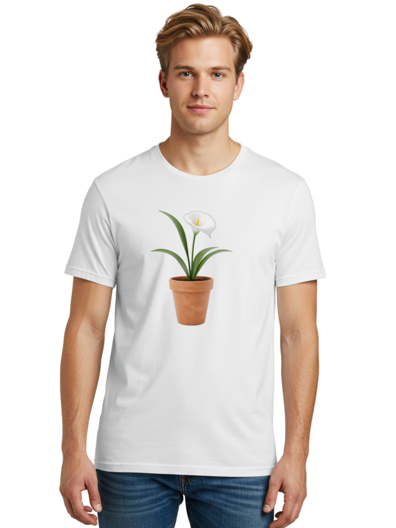 White-Calla-Lily Men'S Graphic Tee, 100% Cotton, Comfortable Casual Summer Wear, Machine Washable, Calla Lily, White Flower, Potted Plant, Terracotta Pot, Elegant Bloom, Floral Beauty, Simple Decor, Home Decor, Yellow Stamen, Green Leaves, Bab584