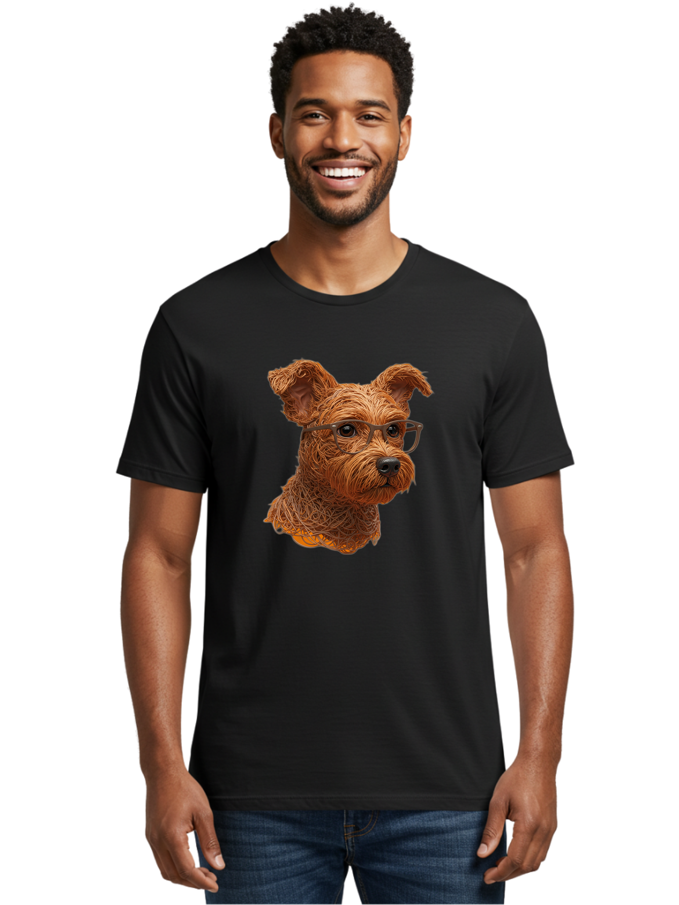 Wire-Dog-With-Glasses Men'S Graphic Tee, 100% Cotton, Comfortable Casual Summer Wear, Machine Washable, Dog Wearing Glasses, Wire Art Dog, Animal Portrait, Dog Portrait, Pet Illustration, Wire Sculpture, Creative Dog Art, Dog With Glasses, Bab589