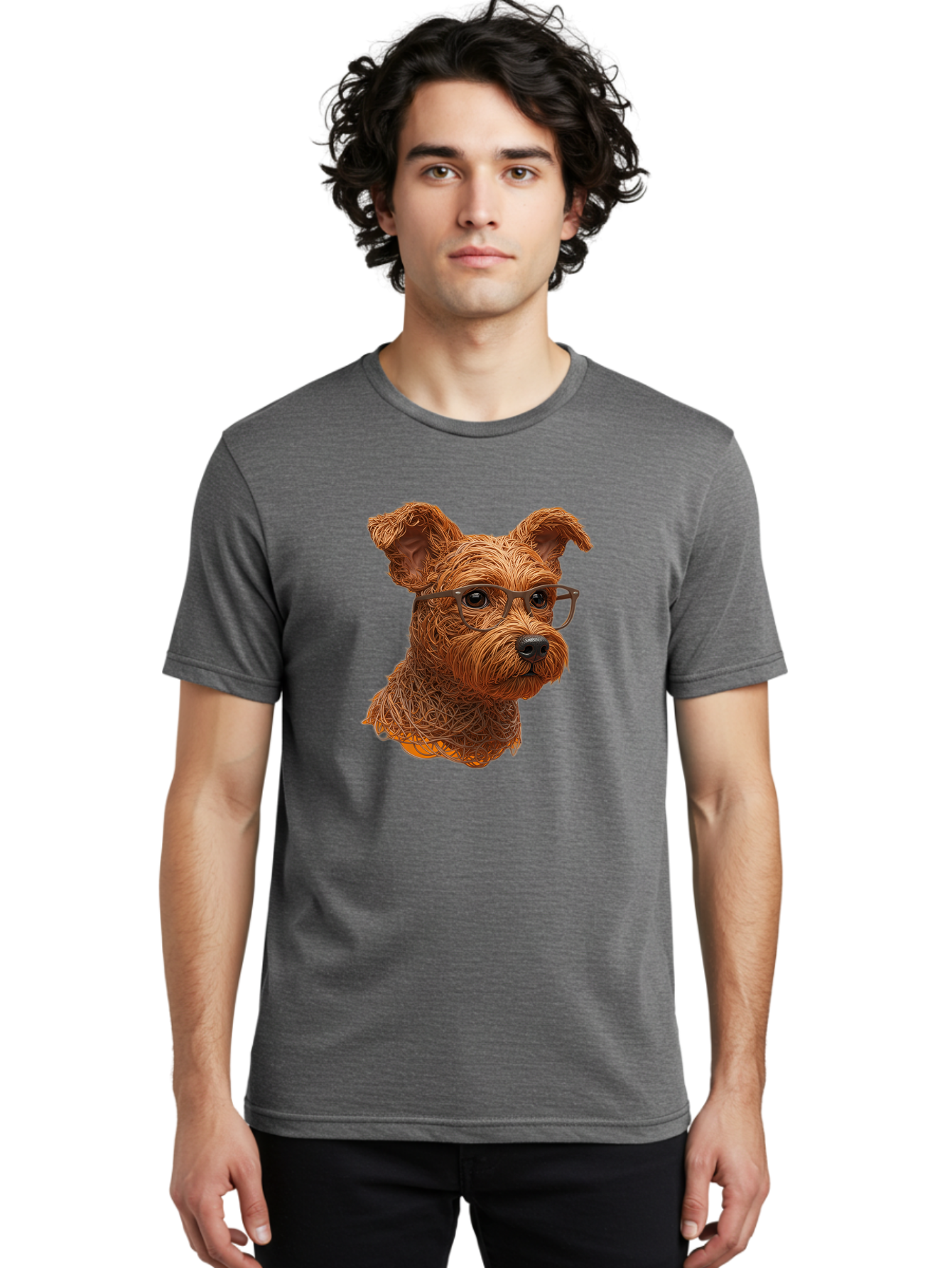 Wire-Dog-With-Glasses Men'S Graphic Tee, 100% Cotton, Comfortable Casual Summer Wear, Machine Washable, Dog Wearing Glasses, Wire Art Dog, Animal Portrait, Dog Portrait, Pet Illustration, Wire Sculpture, Creative Dog Art, Dog With Glasses, Bab589