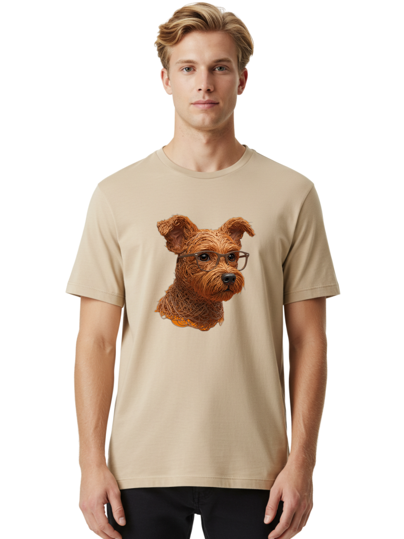 Wire-Dog-With-Glasses Men'S Graphic Tee, 100% Cotton, Comfortable Casual Summer Wear, Machine Washable, Dog Wearing Glasses, Wire Art Dog, Animal Portrait, Dog Portrait, Pet Illustration, Wire Sculpture, Creative Dog Art, Dog With Glasses, Bab589