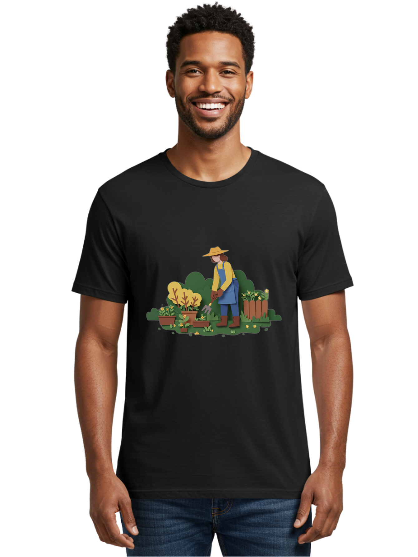 Woman-Gardening Men'S Graphic Tee, 100% Cotton, Comfortable Casual Summer Wear, Machine Washable, Gardener Tending Plants, Gardening Tools, Potted Plants, Gardening Activities, Yellow Flowers, Garden Scenery, Outdoor Work, Gardening Gloves Bab591