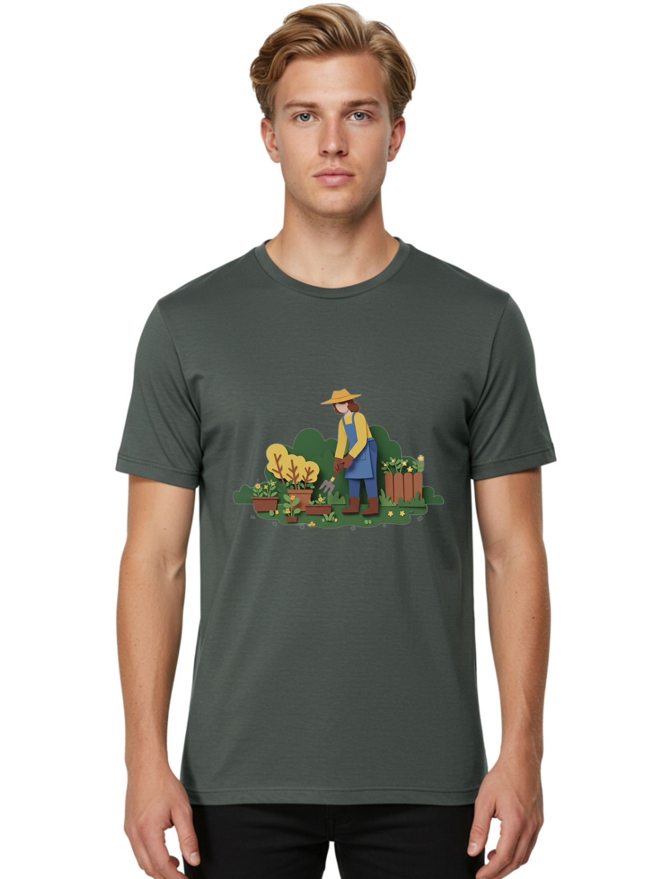 Woman-Gardening Men'S Graphic Tee, 100% Cotton, Comfortable Casual Summer Wear, Machine Washable, Gardener Tending Plants, Gardening Tools, Potted Plants, Gardening Activities, Yellow Flowers, Garden Scenery, Outdoor Work, Gardening Gloves Bab591