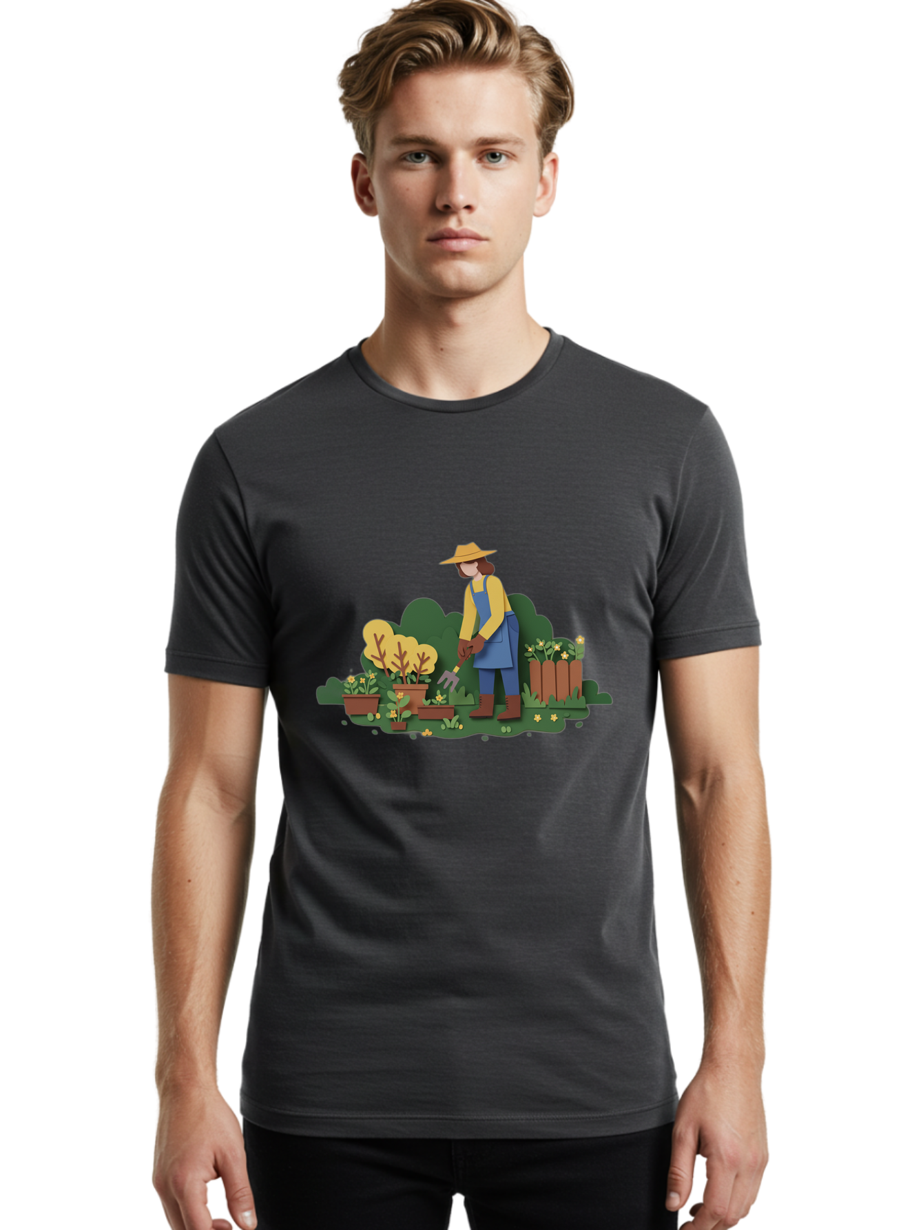 Woman-Gardening Men'S Graphic Tee, 100% Cotton, Comfortable Casual Summer Wear, Machine Washable, Gardener Tending Plants, Gardening Tools, Potted Plants, Gardening Activities, Yellow Flowers, Garden Scenery, Outdoor Work, Gardening Gloves Bab591