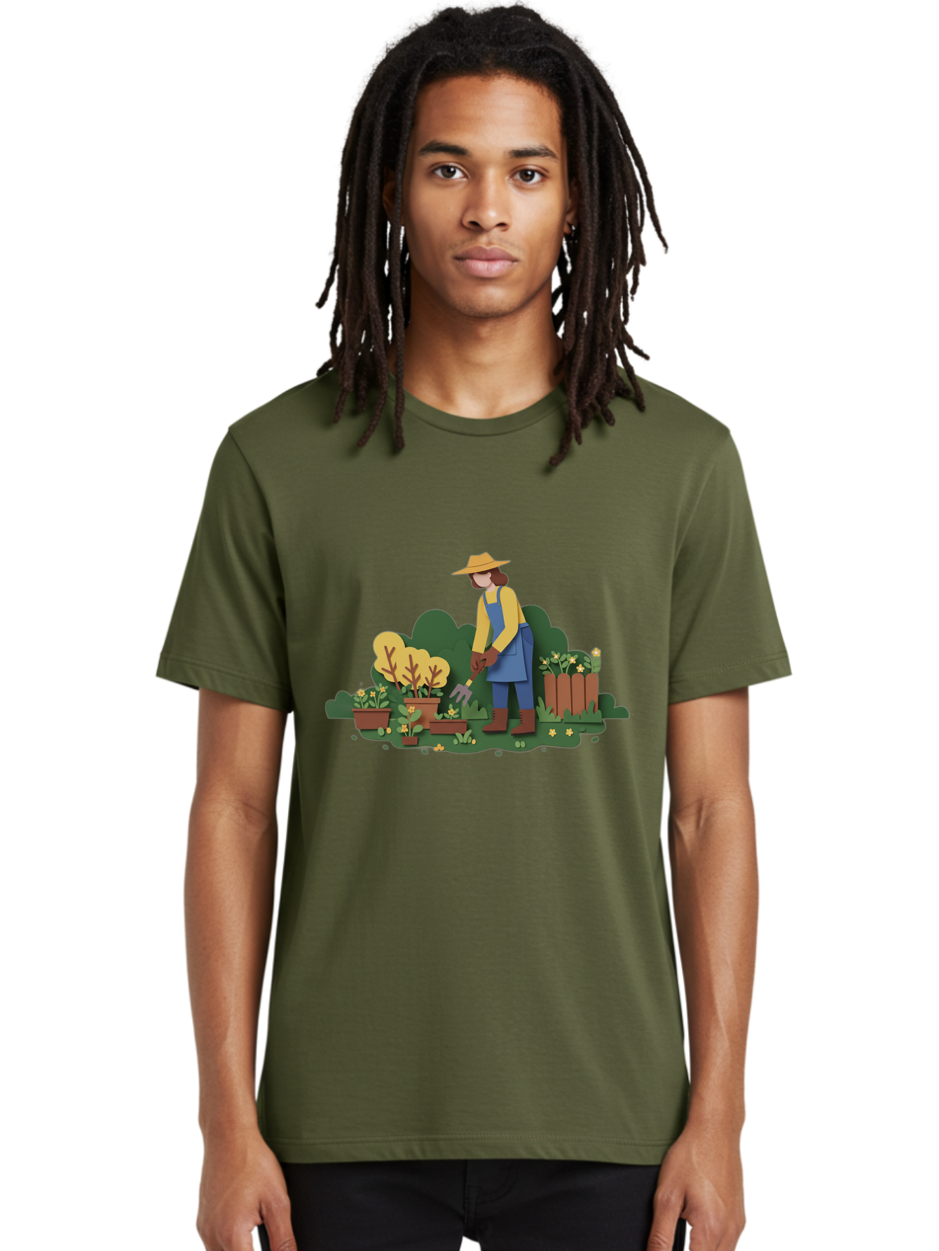 Woman-Gardening Men'S Graphic Tee, 100% Cotton, Comfortable Casual Summer Wear, Machine Washable, Gardener Tending Plants, Gardening Tools, Potted Plants, Gardening Activities, Yellow Flowers, Garden Scenery, Outdoor Work, Gardening Gloves Bab591