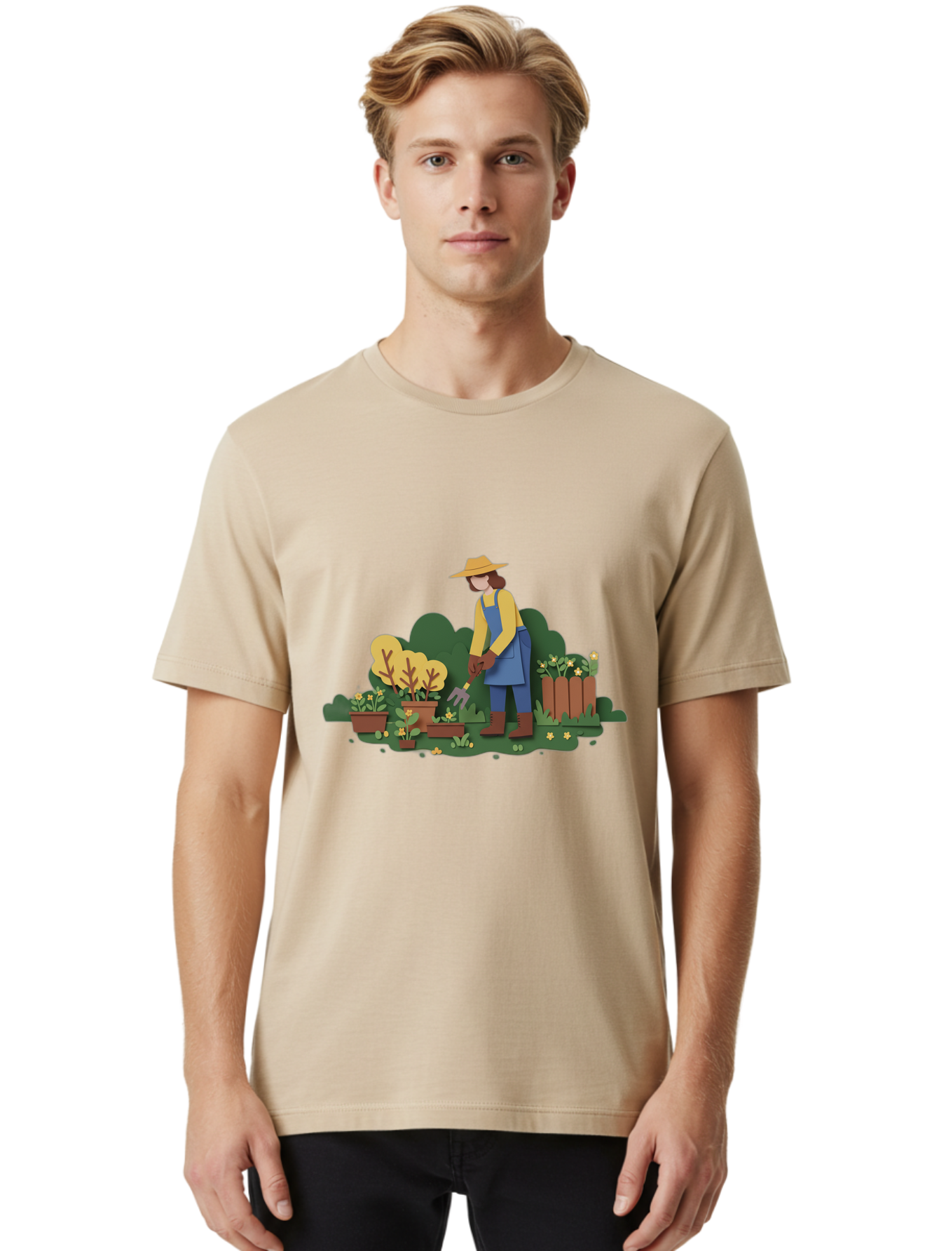 Woman-Gardening Men'S Graphic Tee, 100% Cotton, Comfortable Casual Summer Wear, Machine Washable, Gardener Tending Plants, Gardening Tools, Potted Plants, Gardening Activities, Yellow Flowers, Garden Scenery, Outdoor Work, Gardening Gloves Bab591