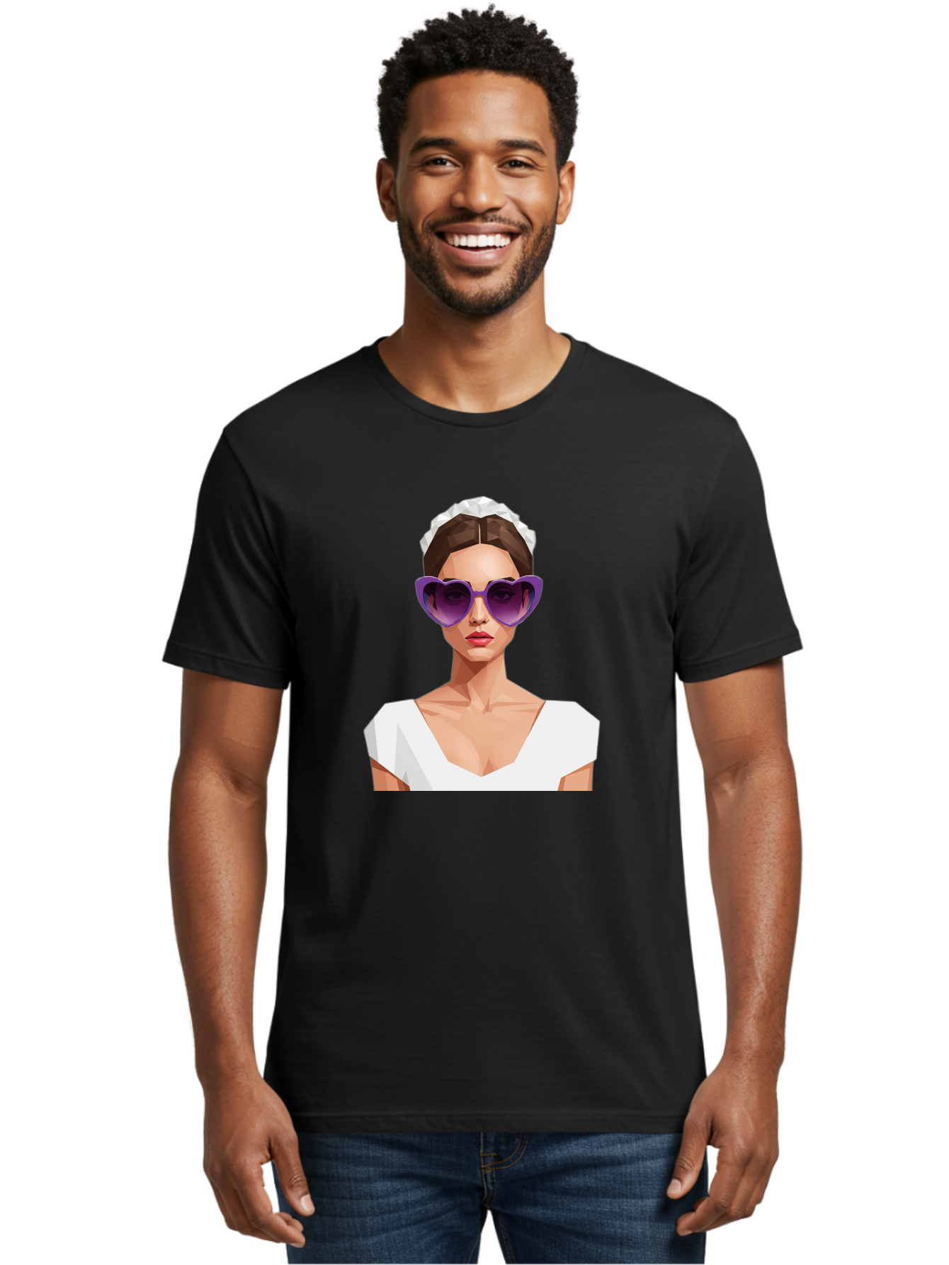 Woman-In-Sunglasses Men'S Graphic Tee, 100% Cotton, Comfortable Casual Summer Wear, Machine Washable, Fashionable Woman, Stylish Sunglasses, Elegant White Dress, Sophisticated Look, Trendy Accessories, Modern Fashion, Purple Shades, Bab592