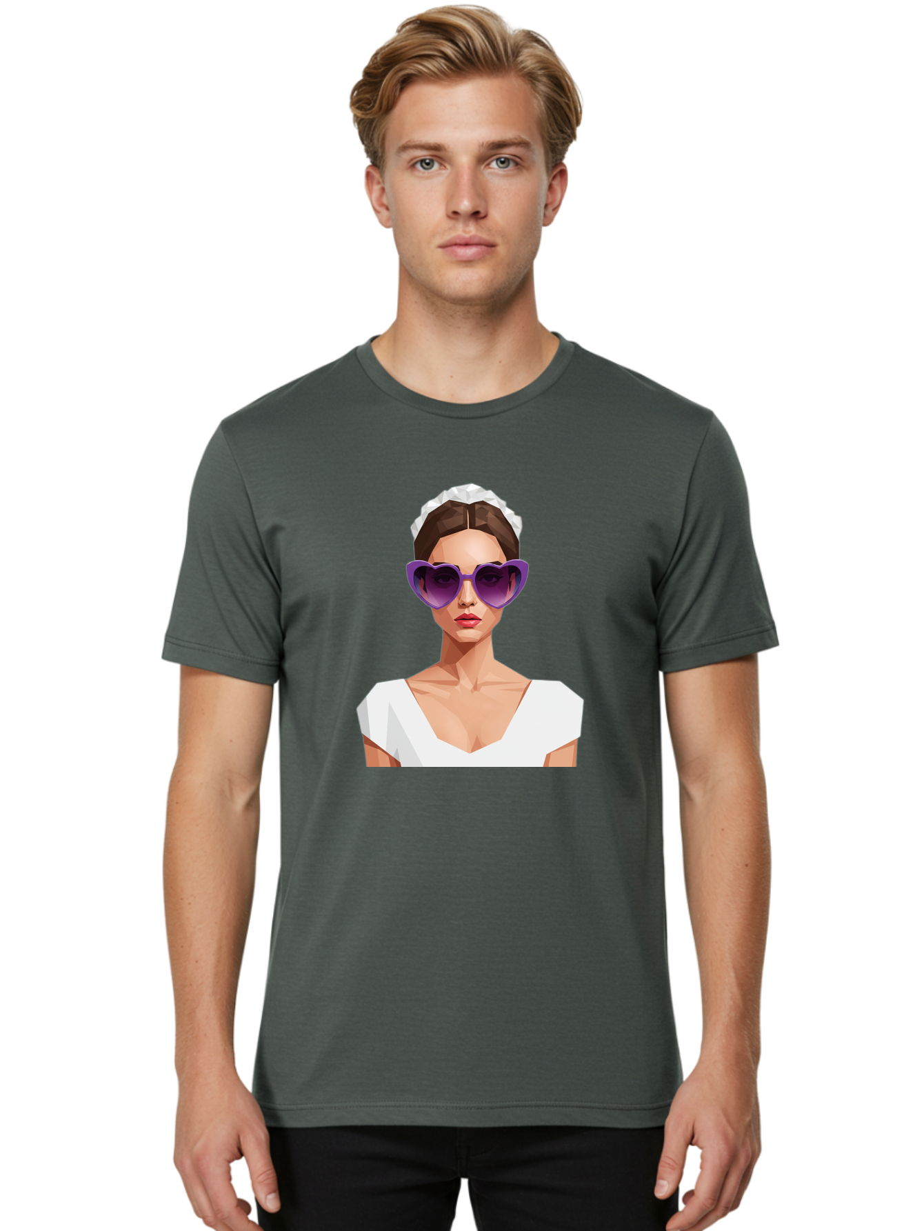 Woman-In-Sunglasses Men'S Graphic Tee, 100% Cotton, Comfortable Casual Summer Wear, Machine Washable, Fashionable Woman, Stylish Sunglasses, Elegant White Dress, Sophisticated Look, Trendy Accessories, Modern Fashion, Purple Shades, Bab592