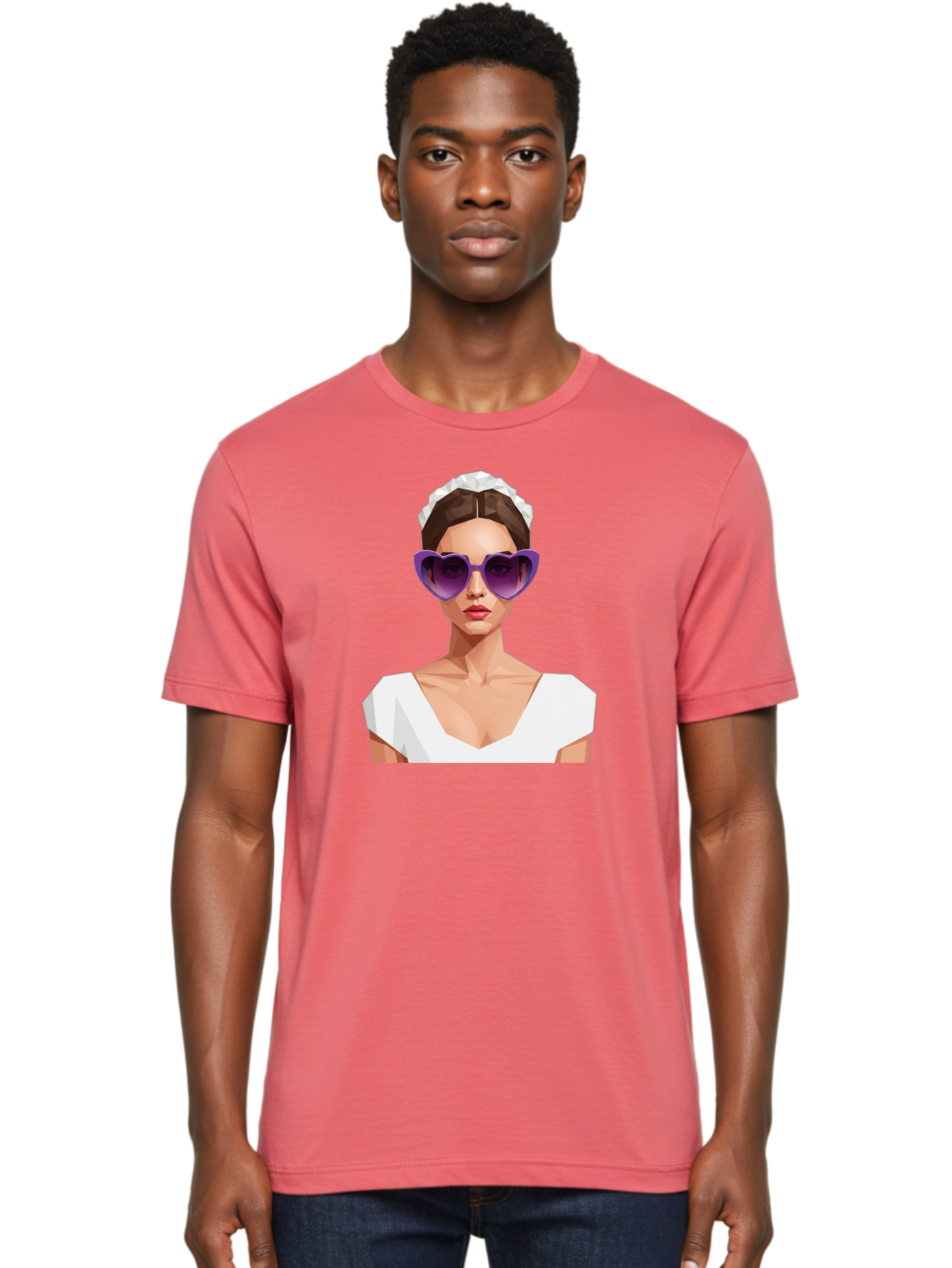 Woman-In-Sunglasses Men'S Graphic Tee, 100% Cotton, Comfortable Casual Summer Wear, Machine Washable, Fashionable Woman, Stylish Sunglasses, Elegant White Dress, Sophisticated Look, Trendy Accessories, Modern Fashion, Purple Shades, Bab592