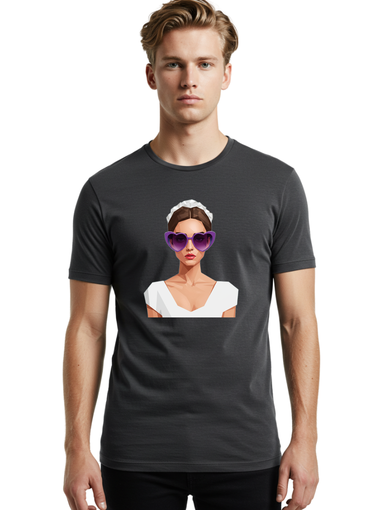 Woman-In-Sunglasses Men'S Graphic Tee, 100% Cotton, Comfortable Casual Summer Wear, Machine Washable, Fashionable Woman, Stylish Sunglasses, Elegant White Dress, Sophisticated Look, Trendy Accessories, Modern Fashion, Purple Shades, Bab592