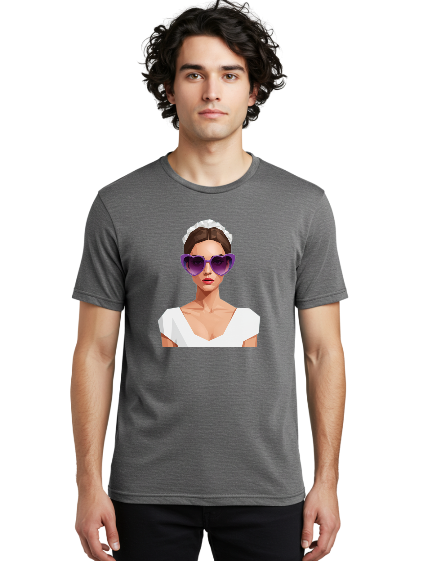 Woman-In-Sunglasses Men'S Graphic Tee, 100% Cotton, Comfortable Casual Summer Wear, Machine Washable, Fashionable Woman, Stylish Sunglasses, Elegant White Dress, Sophisticated Look, Trendy Accessories, Modern Fashion, Purple Shades, Bab592