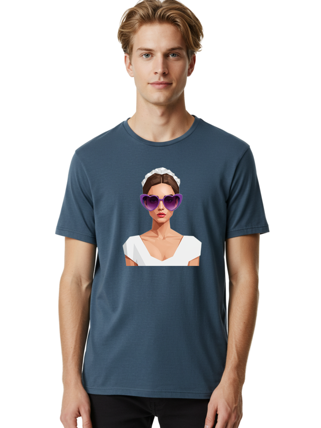 Woman-In-Sunglasses Men'S Graphic Tee, 100% Cotton, Comfortable Casual Summer Wear, Machine Washable, Fashionable Woman, Stylish Sunglasses, Elegant White Dress, Sophisticated Look, Trendy Accessories, Modern Fashion, Purple Shades, Bab592