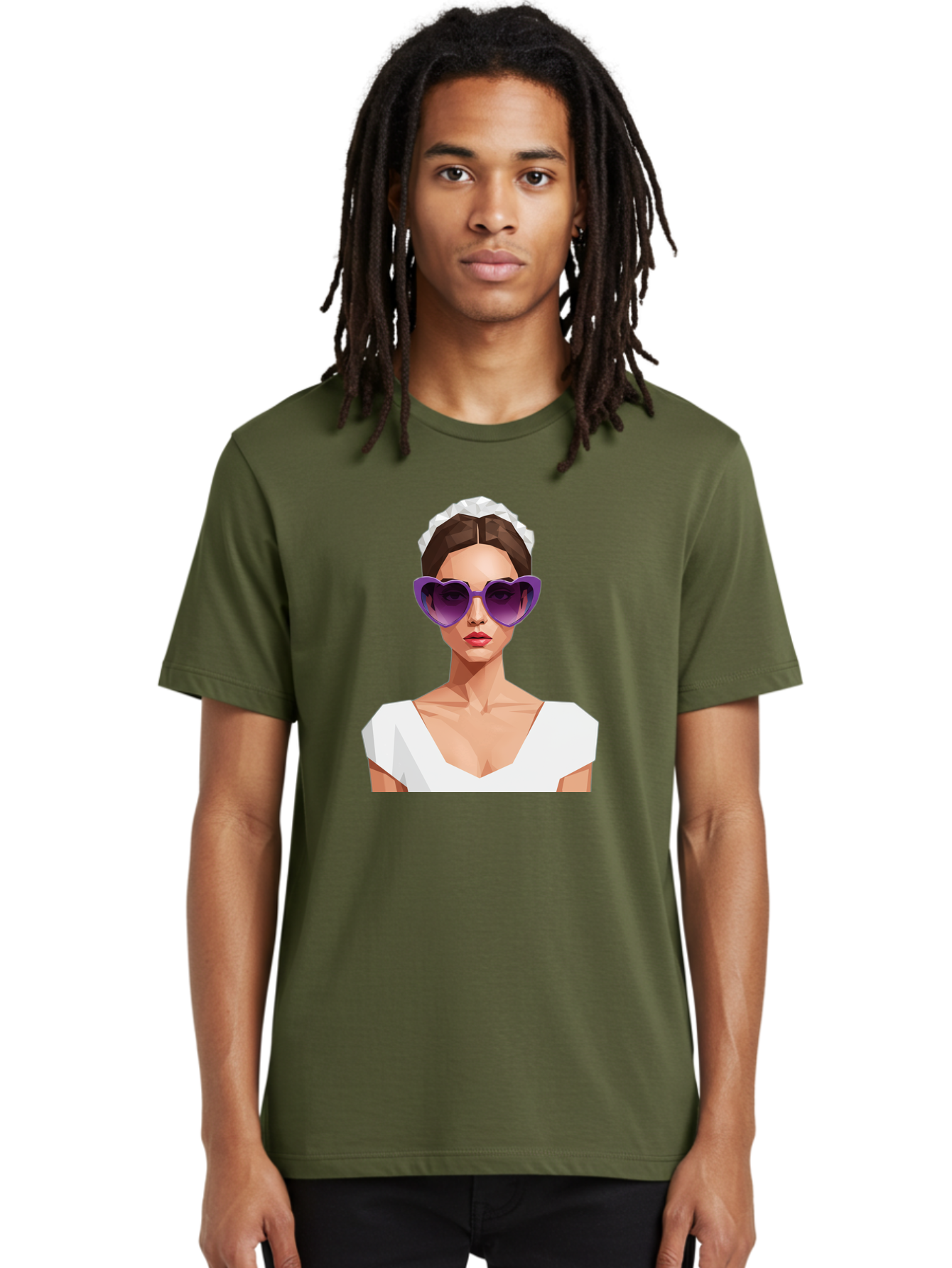 Woman-In-Sunglasses Men'S Graphic Tee, 100% Cotton, Comfortable Casual Summer Wear, Machine Washable, Fashionable Woman, Stylish Sunglasses, Elegant White Dress, Sophisticated Look, Trendy Accessories, Modern Fashion, Purple Shades, Bab592