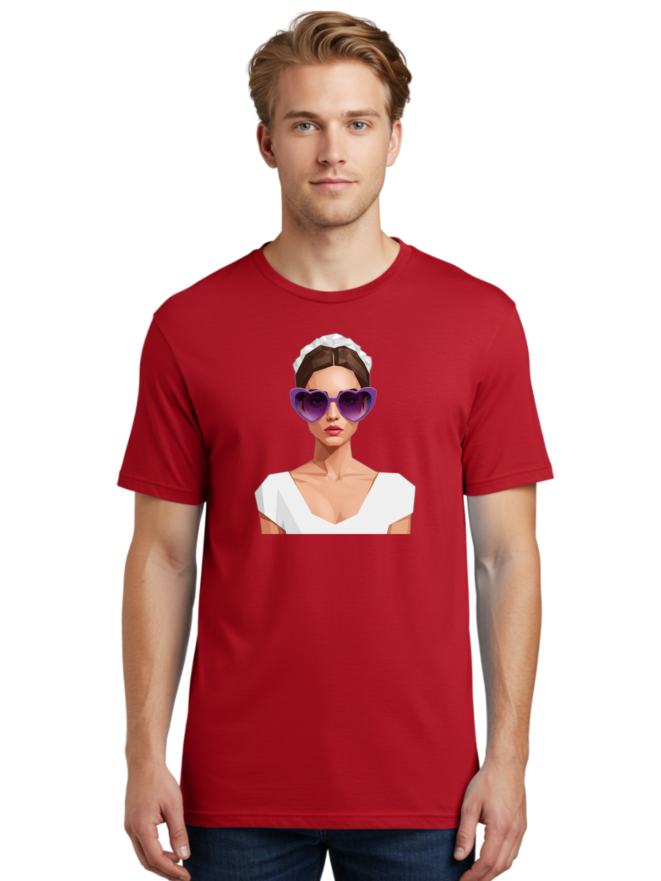 Woman-In-Sunglasses Men'S Graphic Tee, 100% Cotton, Comfortable Casual Summer Wear, Machine Washable, Fashionable Woman, Stylish Sunglasses, Elegant White Dress, Sophisticated Look, Trendy Accessories, Modern Fashion, Purple Shades, Bab592