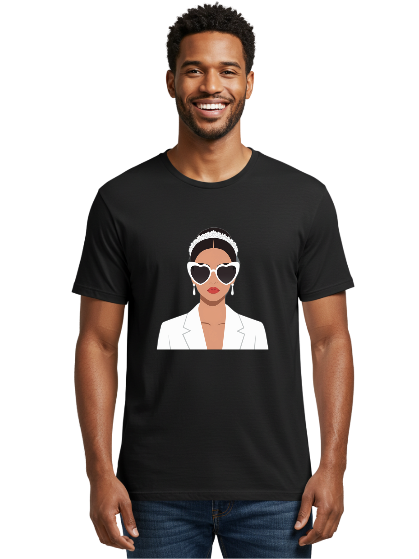 Woman-In-White Men'S Graphic Tee, 100% Cotton, Comfortable Casual Summer Wear, Machine Washable, Fashionable Woman, Heart-Shaped Sunglasses, White Blazer, Elegant Jewelry, Stylish Accessory, Trendy Outfit, Glamorous, Sophisticated Style, Bab593