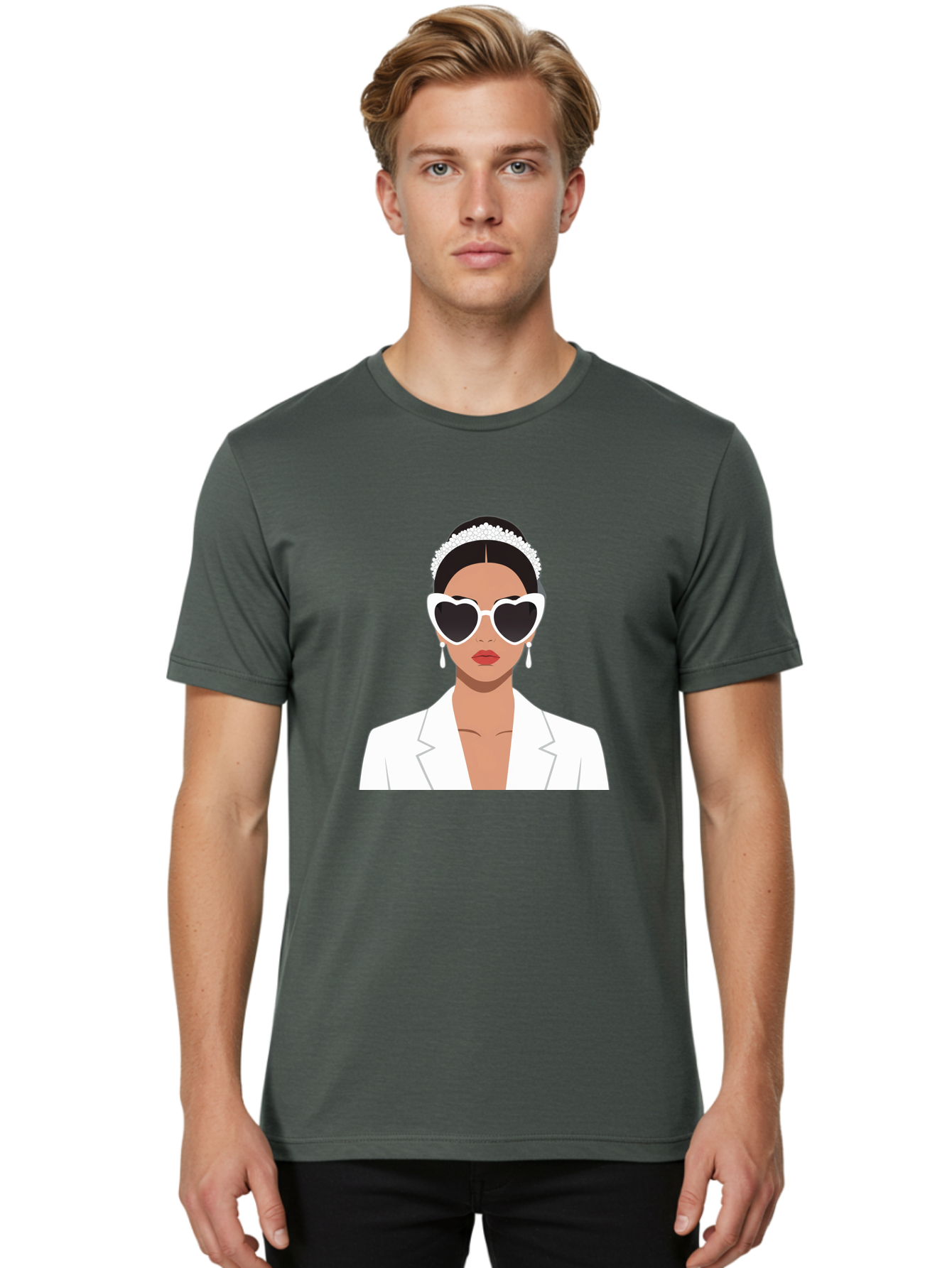 Woman-In-White Men'S Graphic Tee, 100% Cotton, Comfortable Casual Summer Wear, Machine Washable, Fashionable Woman, Heart-Shaped Sunglasses, White Blazer, Elegant Jewelry, Stylish Accessory, Trendy Outfit, Glamorous, Sophisticated Style, Bab593