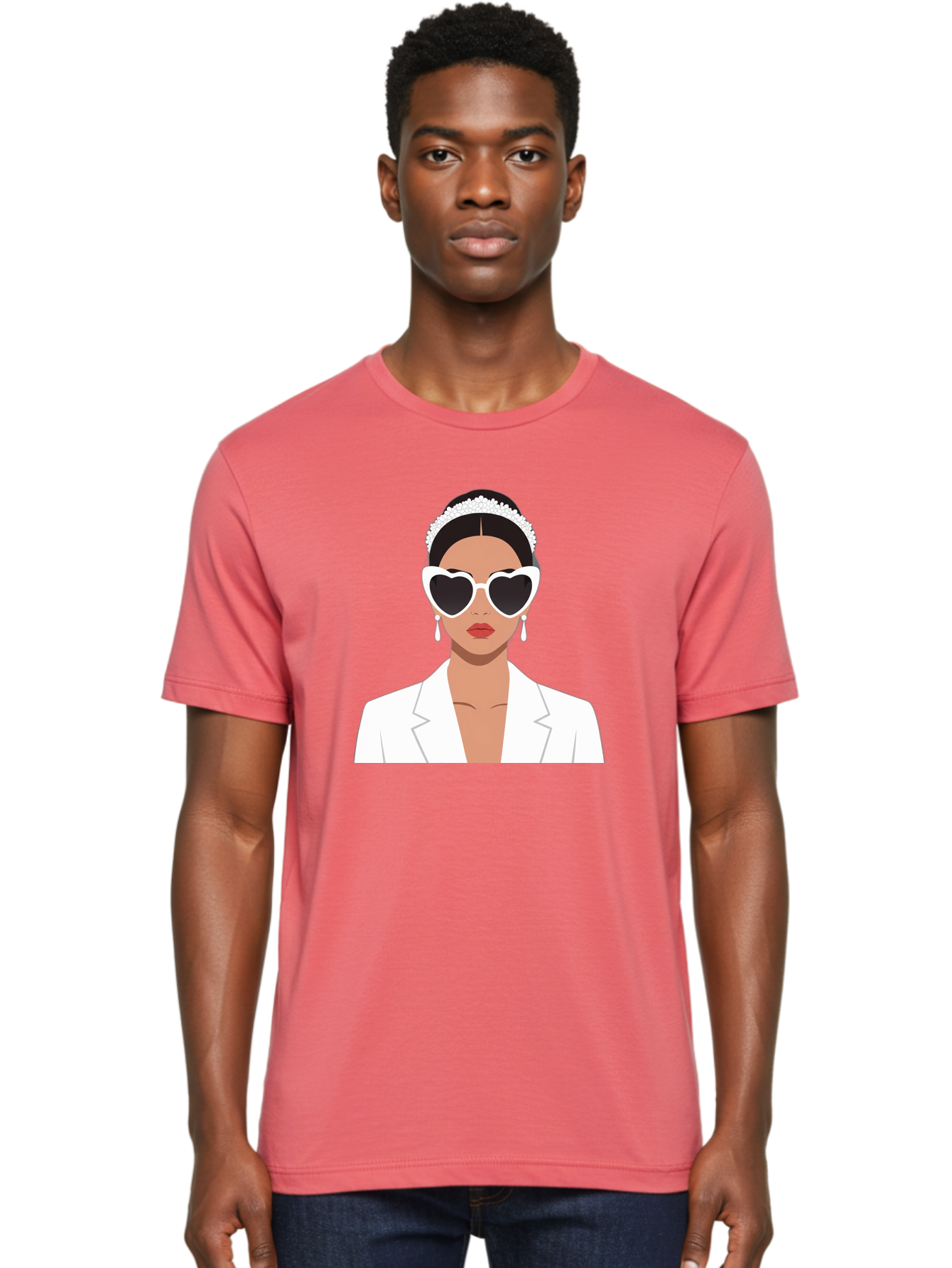 Woman-In-White Men'S Graphic Tee, 100% Cotton, Comfortable Casual Summer Wear, Machine Washable, Fashionable Woman, Heart-Shaped Sunglasses, White Blazer, Elegant Jewelry, Stylish Accessory, Trendy Outfit, Glamorous, Sophisticated Style, Bab593