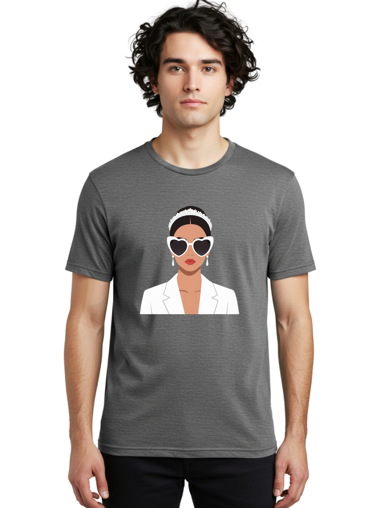 Woman-In-White Men'S Graphic Tee, 100% Cotton, Comfortable Casual Summer Wear, Machine Washable, Fashionable Woman, Heart-Shaped Sunglasses, White Blazer, Elegant Jewelry, Stylish Accessory, Trendy Outfit, Glamorous, Sophisticated Style, Bab593