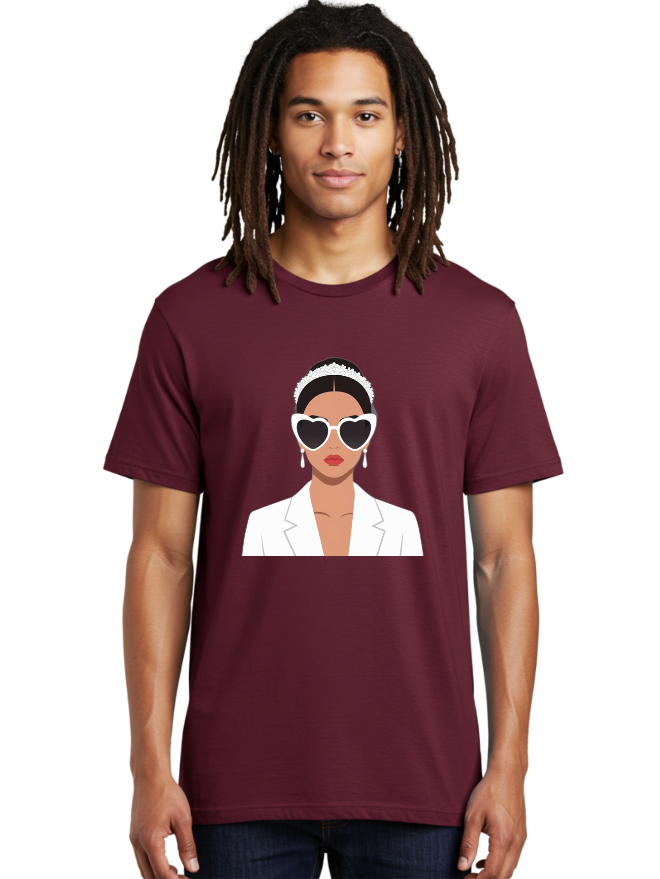 Woman-In-White Men'S Graphic Tee, 100% Cotton, Comfortable Casual Summer Wear, Machine Washable, Fashionable Woman, Heart-Shaped Sunglasses, White Blazer, Elegant Jewelry, Stylish Accessory, Trendy Outfit, Glamorous, Sophisticated Style, Bab593
