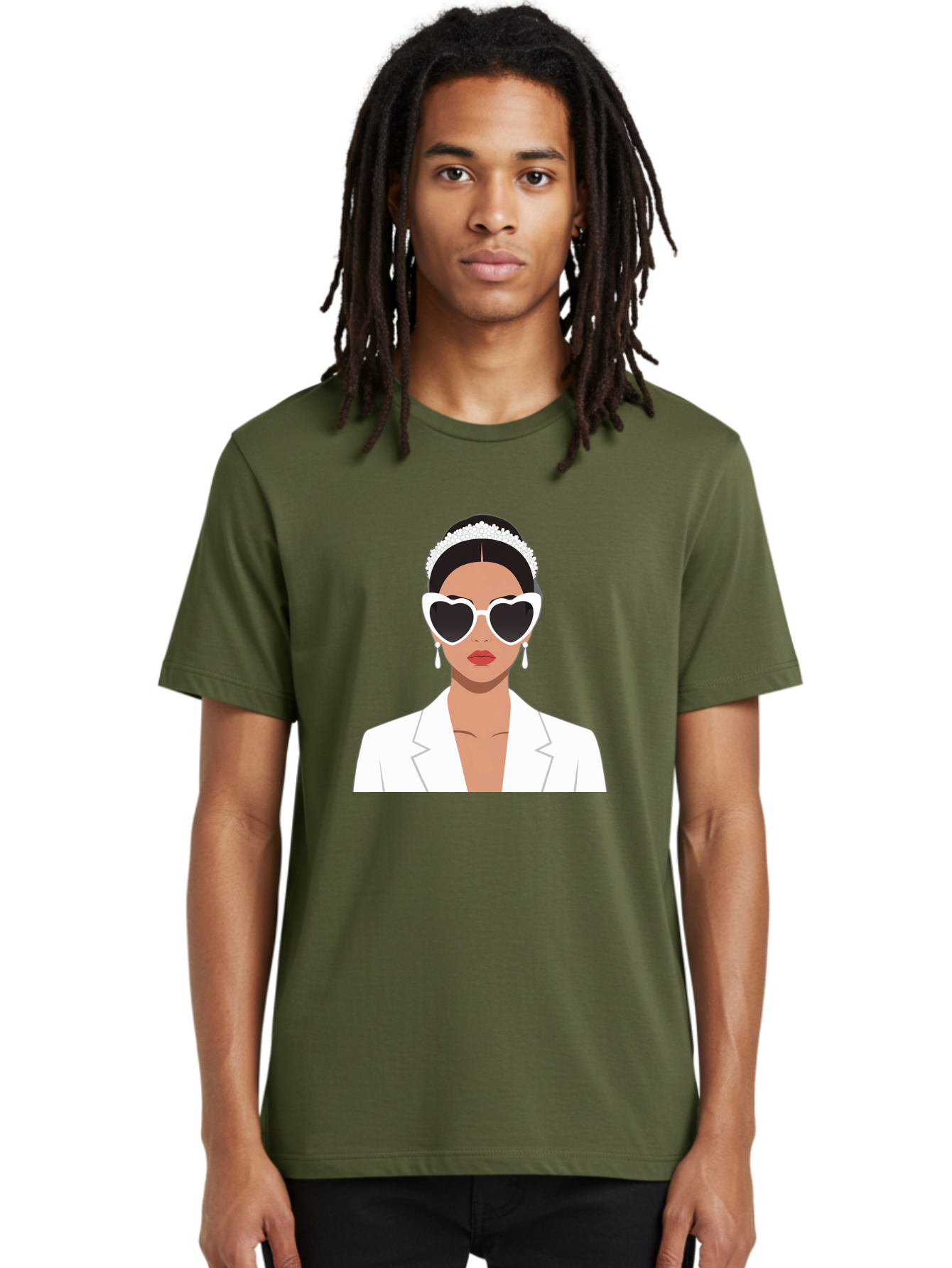 Woman-In-White Men'S Graphic Tee, 100% Cotton, Comfortable Casual Summer Wear, Machine Washable, Fashionable Woman, Heart-Shaped Sunglasses, White Blazer, Elegant Jewelry, Stylish Accessory, Trendy Outfit, Glamorous, Sophisticated Style, Bab593