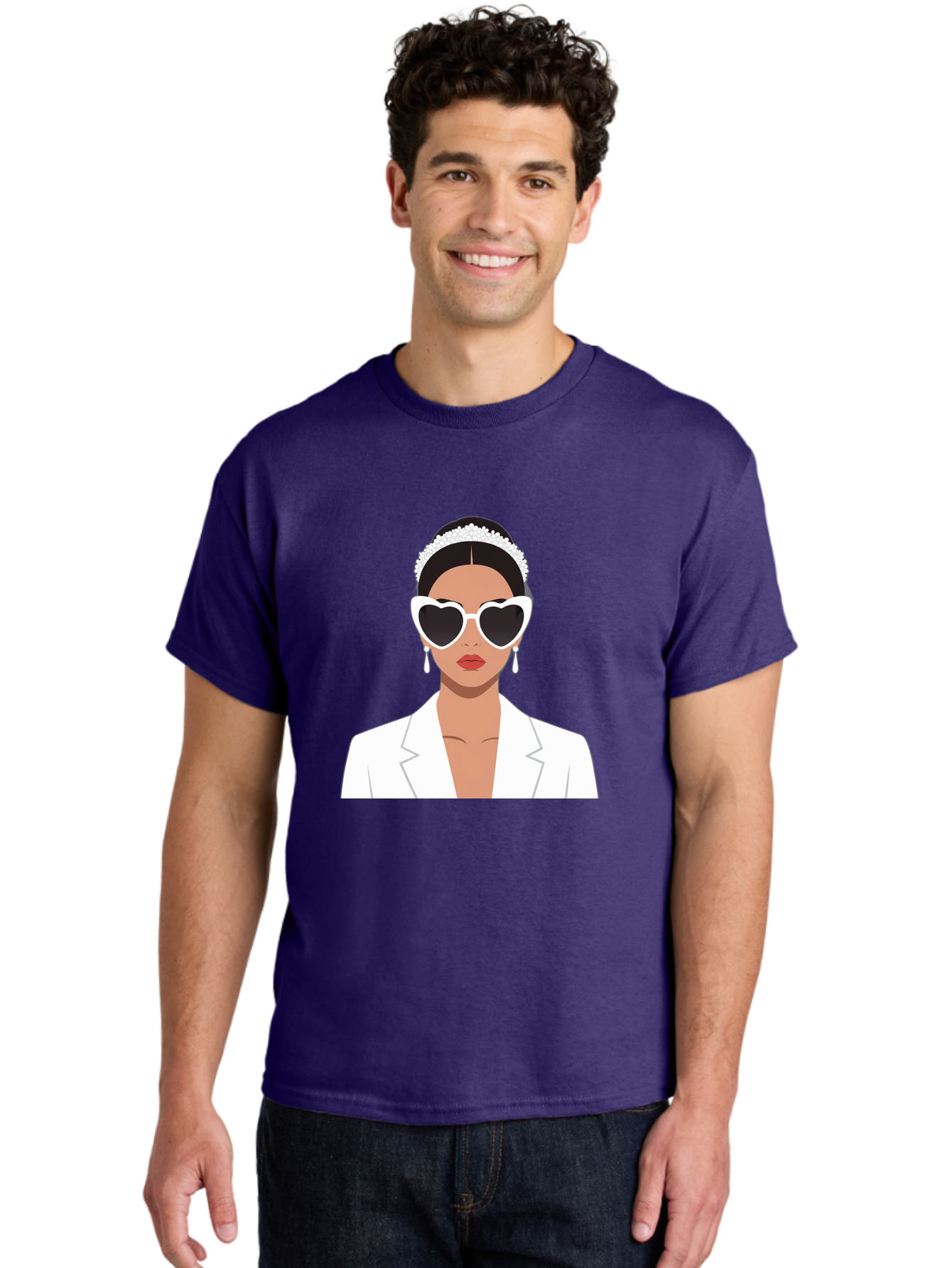 Woman-In-White Men'S Graphic Tee, 100% Cotton, Comfortable Casual Summer Wear, Machine Washable, Fashionable Woman, Heart-Shaped Sunglasses, White Blazer, Elegant Jewelry, Stylish Accessory, Trendy Outfit, Glamorous, Sophisticated Style, Bab593