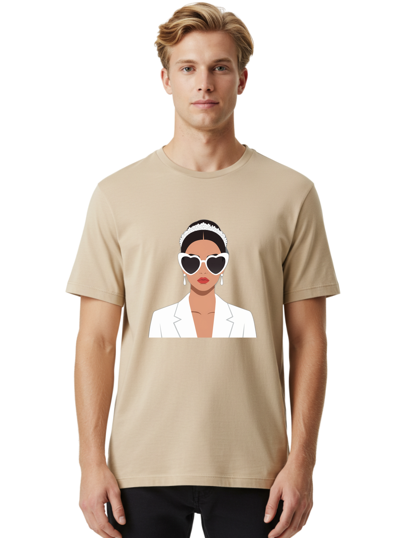 Woman-In-White Men'S Graphic Tee, 100% Cotton, Comfortable Casual Summer Wear, Machine Washable, Fashionable Woman, Heart-Shaped Sunglasses, White Blazer, Elegant Jewelry, Stylish Accessory, Trendy Outfit, Glamorous, Sophisticated Style, Bab593
