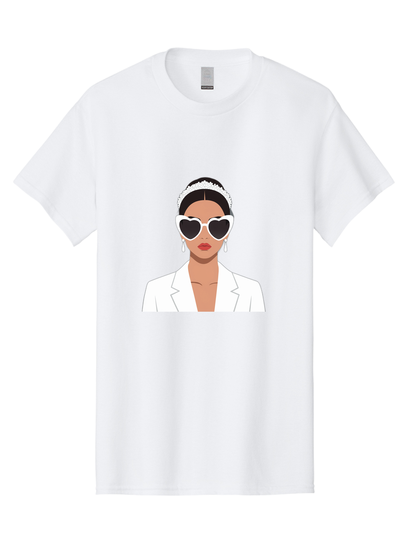 Woman-In-White Men'S Graphic Tee, 100% Cotton, Comfortable Casual Summer Wear, Machine Washable, Fashionable Woman, Heart-Shaped Sunglasses, White Blazer, Elegant Jewelry, Stylish Accessory, Trendy Outfit, Glamorous, Sophisticated Style, Bab593