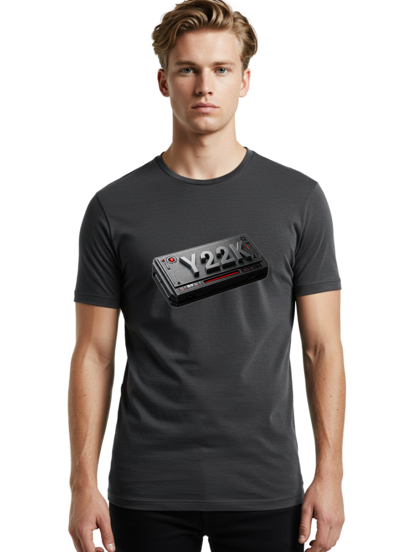 Y22K Men'S Graphic Tee, 100% Cotton, Comfortable Casual Summer Wear, Machine Washable, Futuristic Device, Y22K, Technology, Cyberpunk, Sleek Design, Metallic Surface, Red Accents, Futuristic Tech, Innovative Gadget, High-Tech Equipment, Bab598