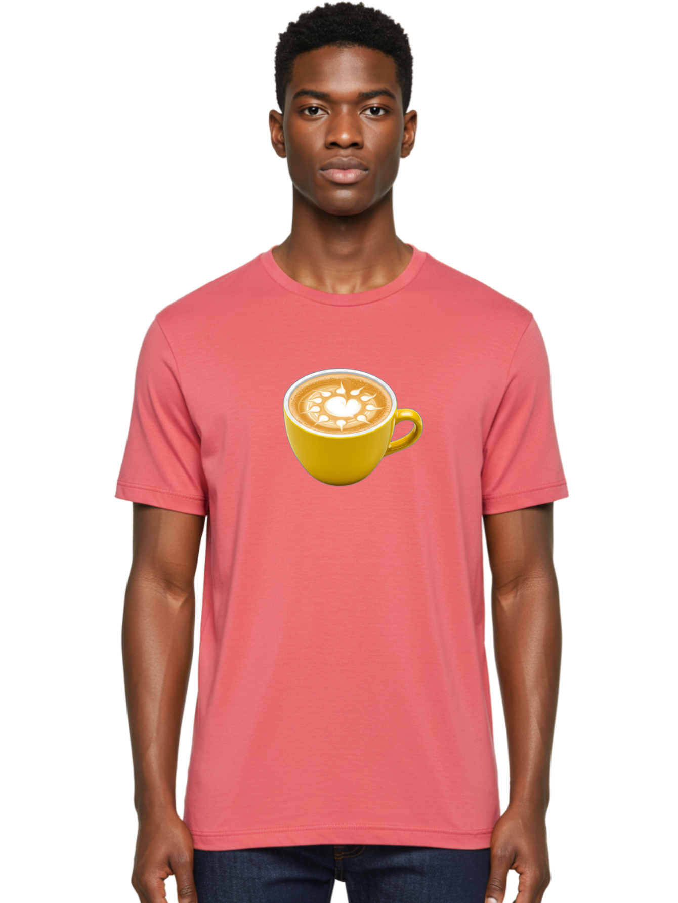 Yellow-Coffee-Cup Men'S Graphic Tee, 100% Cotton, Comfortable Casual Summer Wear, Machine Washable, Cappuccino Coffee, Latte Art, Yellow Mug, Coffee Drink, Foamy Texture, Sun Design, Heart-Shaped Pattern, Morning Coffee, Coffee Culture, Bab599