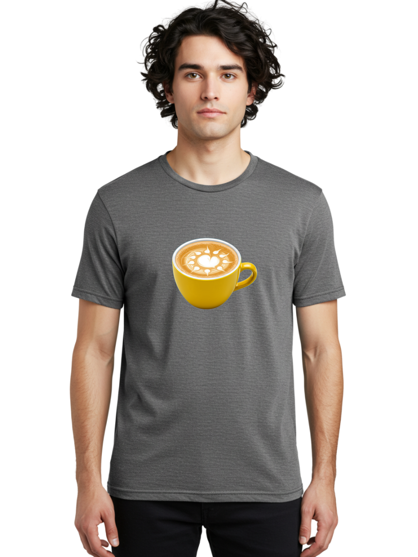 Yellow-Coffee-Cup Men'S Graphic Tee, 100% Cotton, Comfortable Casual Summer Wear, Machine Washable, Cappuccino Coffee, Latte Art, Yellow Mug, Coffee Drink, Foamy Texture, Sun Design, Heart-Shaped Pattern, Morning Coffee, Coffee Culture, Bab599