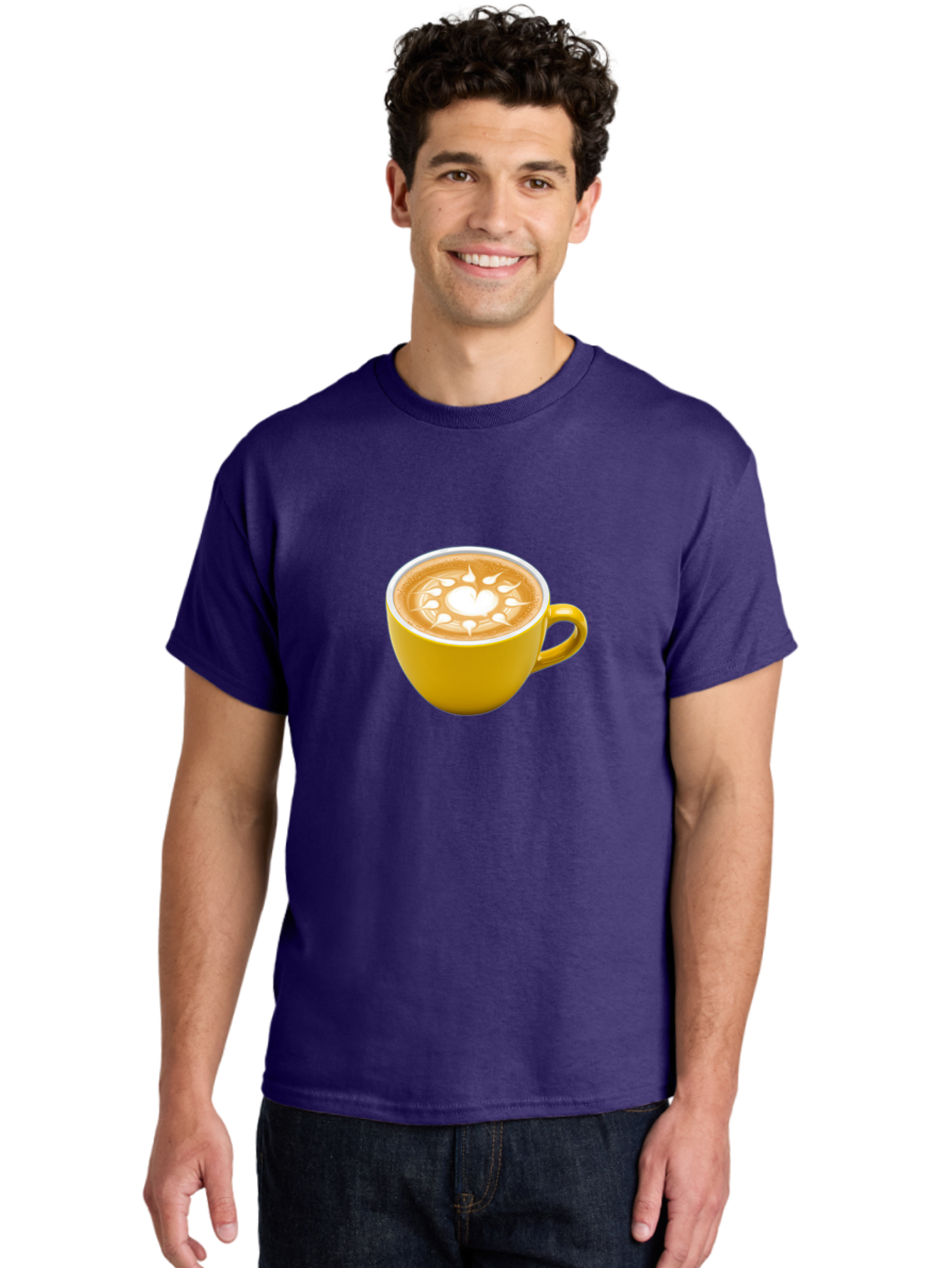 Yellow-Coffee-Cup Men'S Graphic Tee, 100% Cotton, Comfortable Casual Summer Wear, Machine Washable, Cappuccino Coffee, Latte Art, Yellow Mug, Coffee Drink, Foamy Texture, Sun Design, Heart-Shaped Pattern, Morning Coffee, Coffee Culture, Bab599