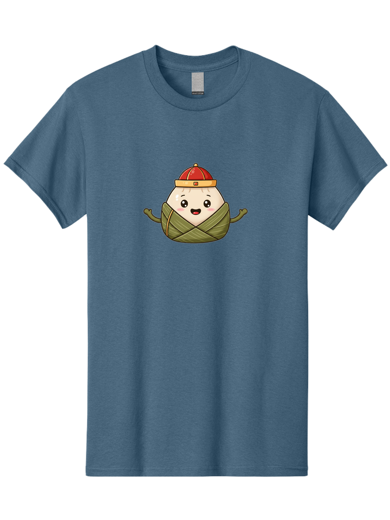Zongzi-Cartoon-Character Men'S Graphic Tee, 100% Cotton, Comfortable Casual Summer Wear, Machine Washable, Cartoon Zongzi, Chinese Rice Dumpling, Traditional Food, Dragon Boat Festival, Happy Face, Red Hat, Green Wrapping, Cute Character, Bab606