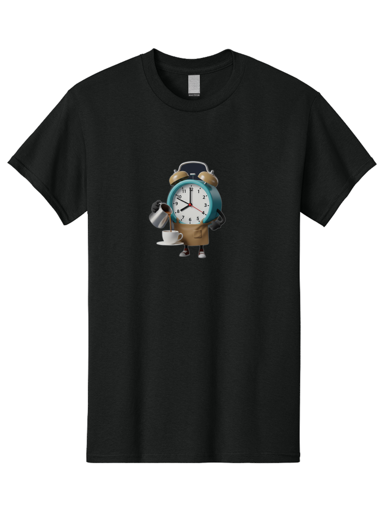 Alarm-Clock-Character Men'S Graphic Tee, 100% Cotton, Comfortable Casual Summer Wear, Machine Washable, Alarm Clock Character, Morning Coffee, Daily Routine, Time Management, Coffee Break, Cartoon Style, Clock Face, Coffee Cup, Saucer, Bab617