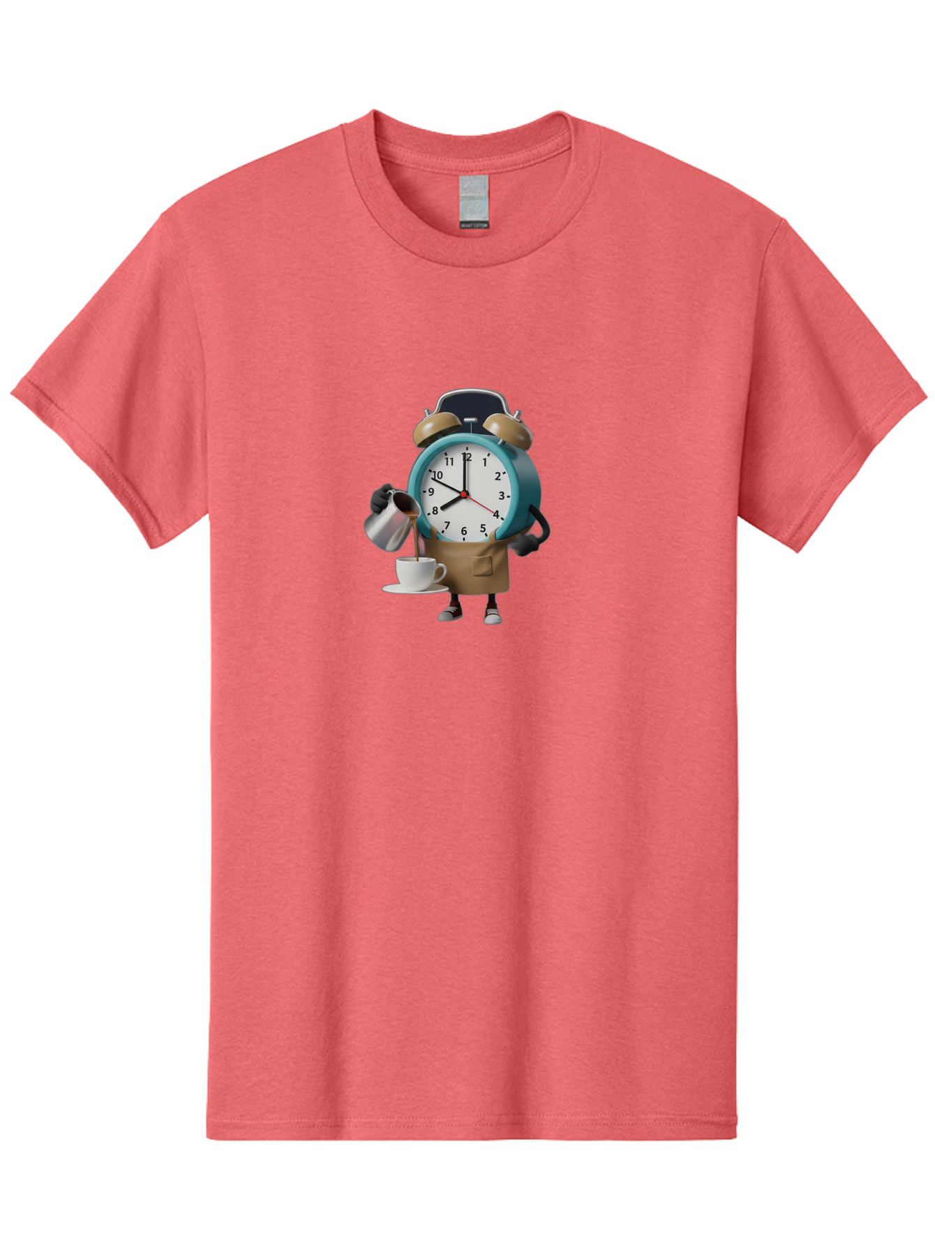 Alarm-Clock-Character Men'S Graphic Tee, 100% Cotton, Comfortable Casual Summer Wear, Machine Washable, Alarm Clock Character, Morning Coffee, Daily Routine, Time Management, Coffee Break, Cartoon Style, Clock Face, Coffee Cup, Saucer, Bab617