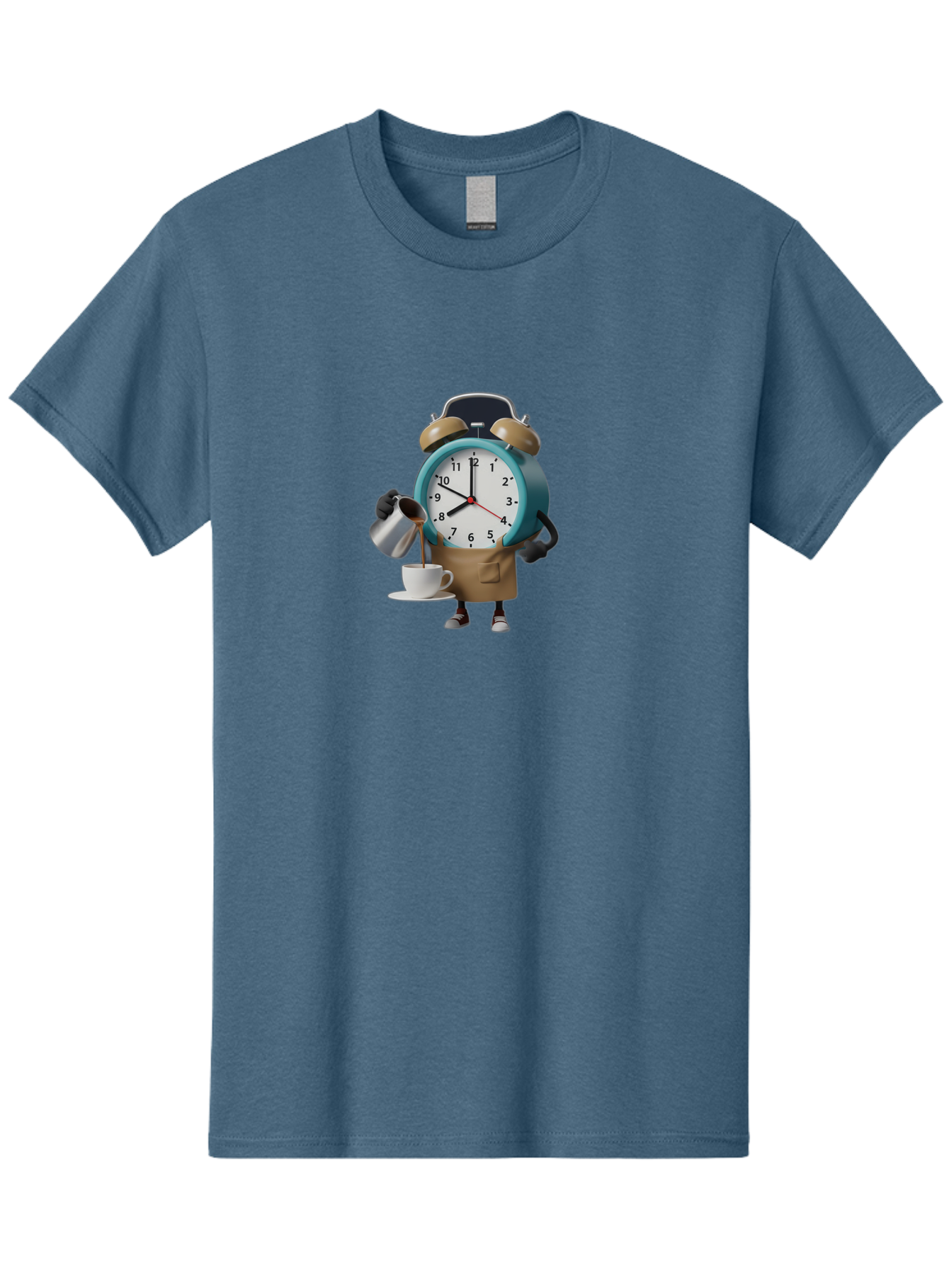 Alarm-Clock-Character Men'S Graphic Tee, 100% Cotton, Comfortable Casual Summer Wear, Machine Washable, Alarm Clock Character, Morning Coffee, Daily Routine, Time Management, Coffee Break, Cartoon Style, Clock Face, Coffee Cup, Saucer, Bab617