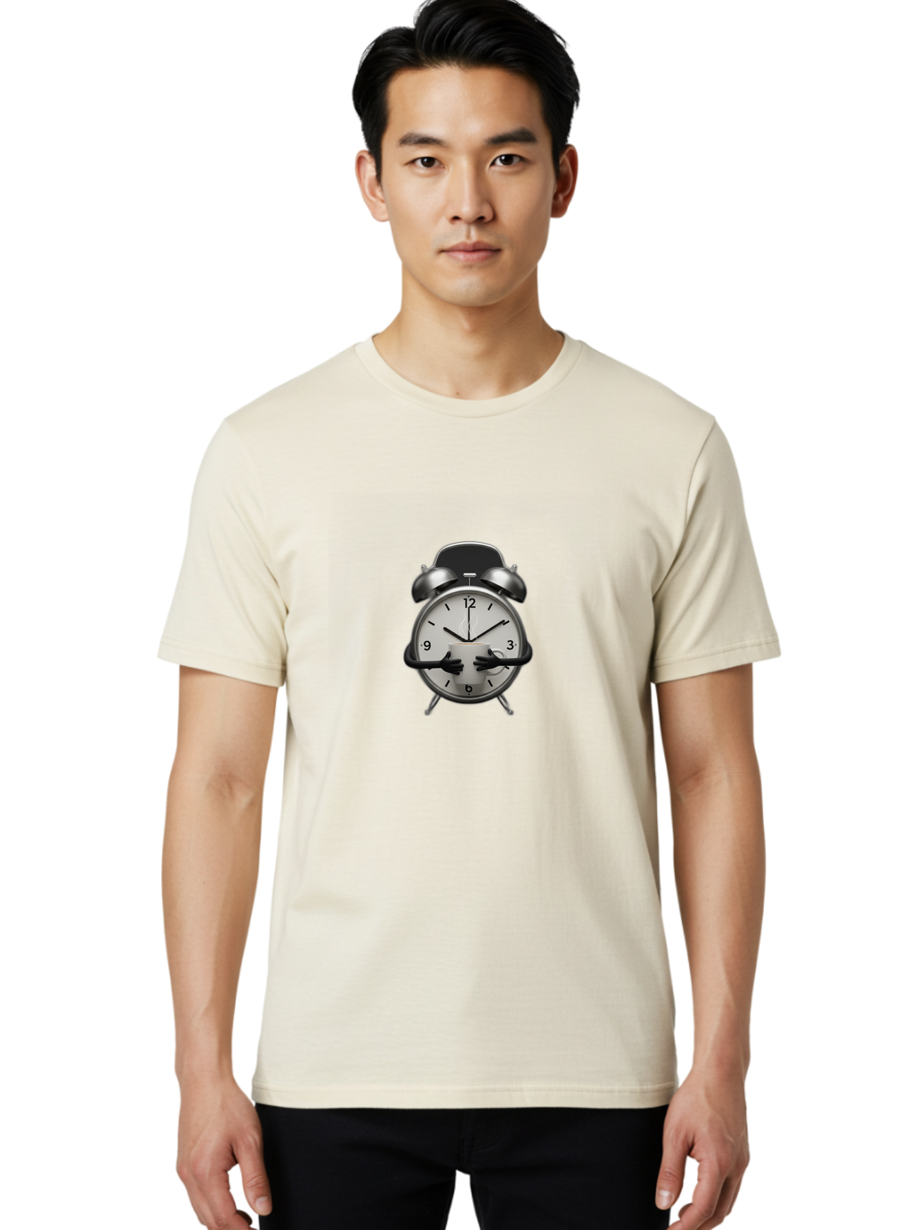 Alarm-Clock Men'S Graphic Tee, 100% Cotton, Comfortable Casual Summer Wear, Machine Washable, Alarm Clock With Hands At 11:30, Retro Style, Classic Design, Simple Analog Clock, Time Keeping, Morning Wake-Up, Black And White Clock Face, Bab618