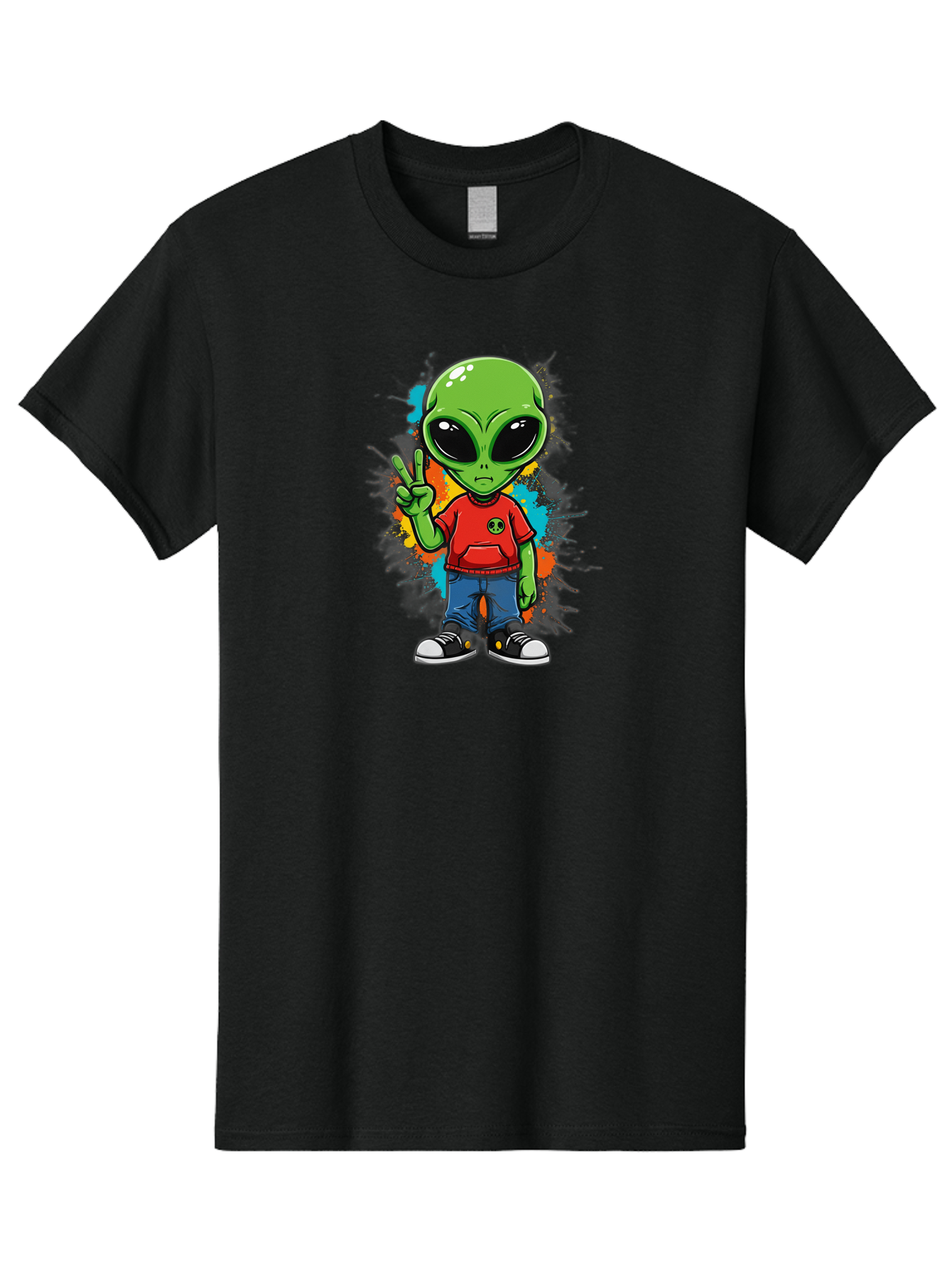 Alien-1 Men'S Graphic Tee, 100% Cotton, Comfortable Casual Summer Wear, Machine Washable, Cartoon Alien, Peace Sign, Red Shirt, Blue Jeans, Black Sneakers, Colorful Splatter, Playful Vibe, Fun Design, Quirky Character, Streetwear Style Bab619