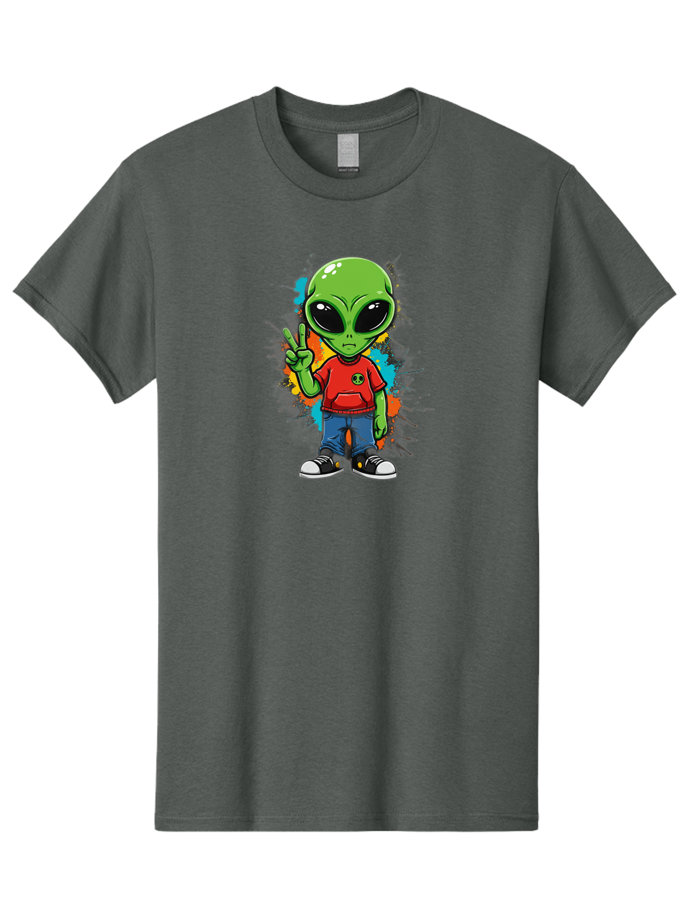 Alien-1 Men'S Graphic Tee, 100% Cotton, Comfortable Casual Summer Wear, Machine Washable, Cartoon Alien, Peace Sign, Red Shirt, Blue Jeans, Black Sneakers, Colorful Splatter, Playful Vibe, Fun Design, Quirky Character, Streetwear Style Bab619