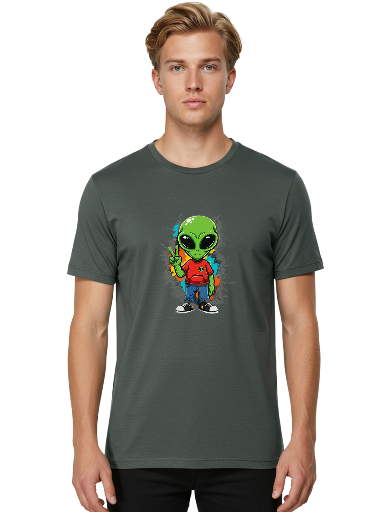 Alien-1 Men'S Graphic Tee, 100% Cotton, Comfortable Casual Summer Wear, Machine Washable, Cartoon Alien, Peace Sign, Red Shirt, Blue Jeans, Black Sneakers, Colorful Splatter, Playful Vibe, Fun Design, Quirky Character, Streetwear Style Bab619