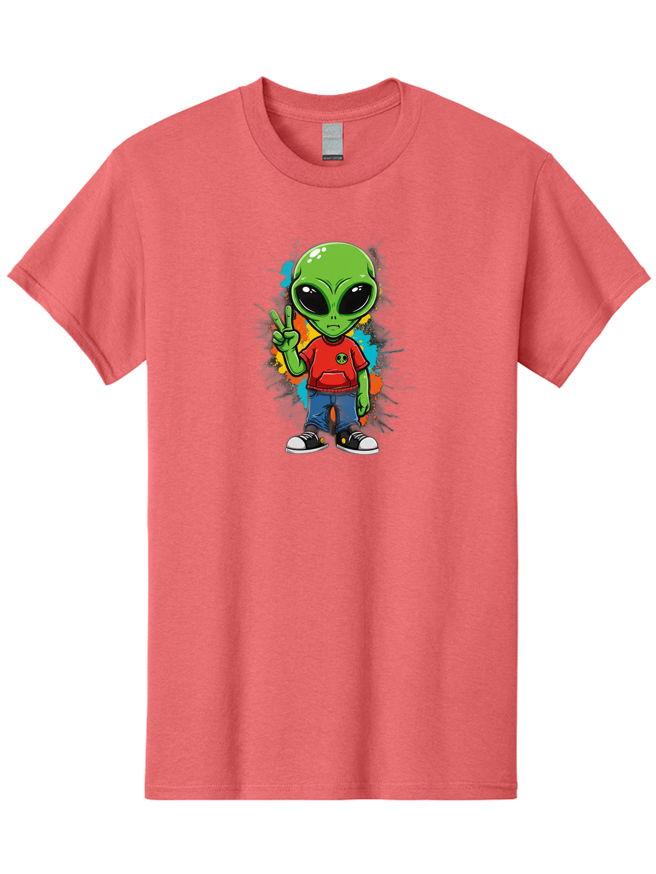 Alien-1 Men'S Graphic Tee, 100% Cotton, Comfortable Casual Summer Wear, Machine Washable, Cartoon Alien, Peace Sign, Red Shirt, Blue Jeans, Black Sneakers, Colorful Splatter, Playful Vibe, Fun Design, Quirky Character, Streetwear Style Bab619