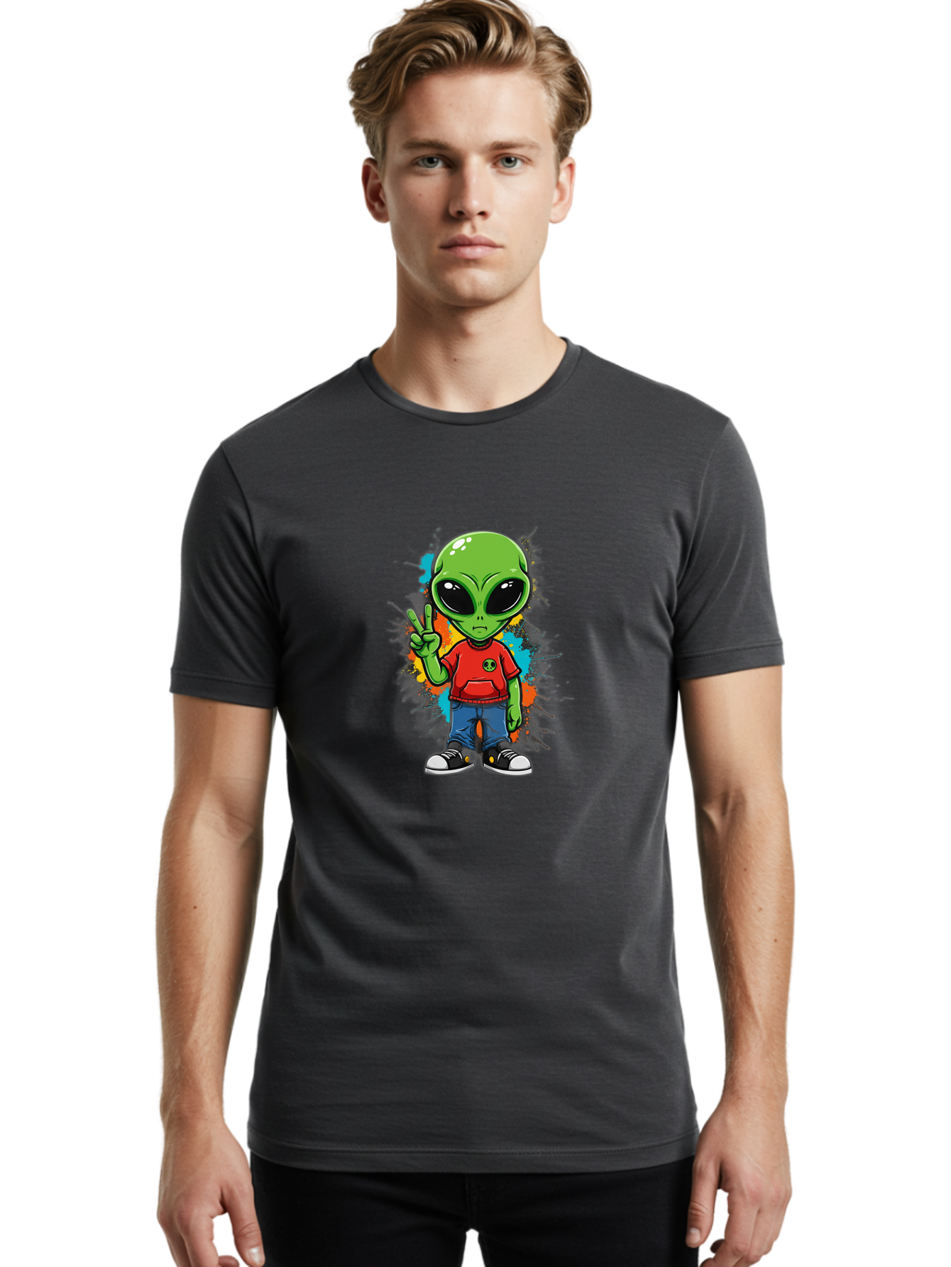 Alien-1 Men'S Graphic Tee, 100% Cotton, Comfortable Casual Summer Wear, Machine Washable, Cartoon Alien, Peace Sign, Red Shirt, Blue Jeans, Black Sneakers, Colorful Splatter, Playful Vibe, Fun Design, Quirky Character, Streetwear Style Bab619