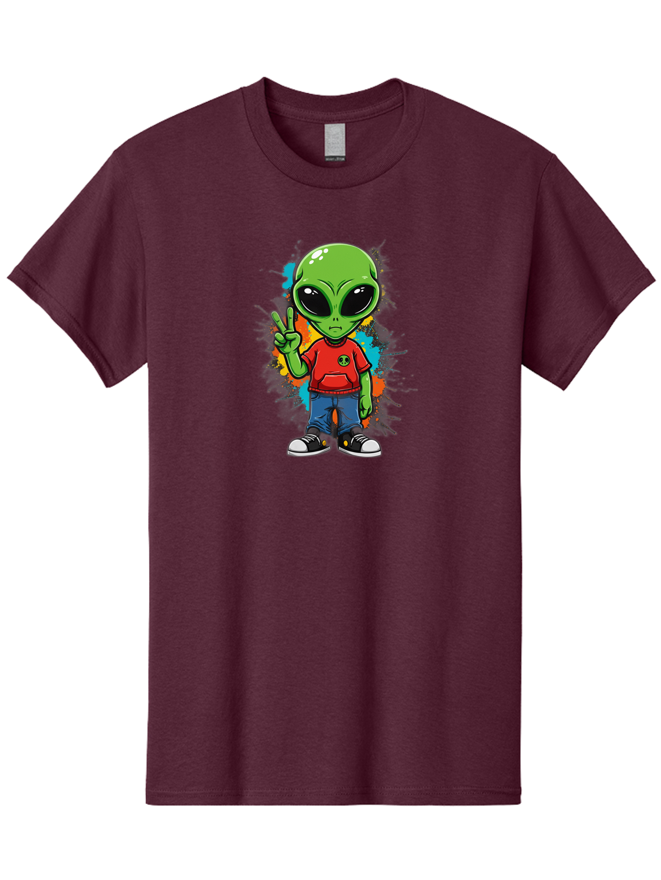 Alien-1 Men'S Graphic Tee, 100% Cotton, Comfortable Casual Summer Wear, Machine Washable, Cartoon Alien, Peace Sign, Red Shirt, Blue Jeans, Black Sneakers, Colorful Splatter, Playful Vibe, Fun Design, Quirky Character, Streetwear Style Bab619